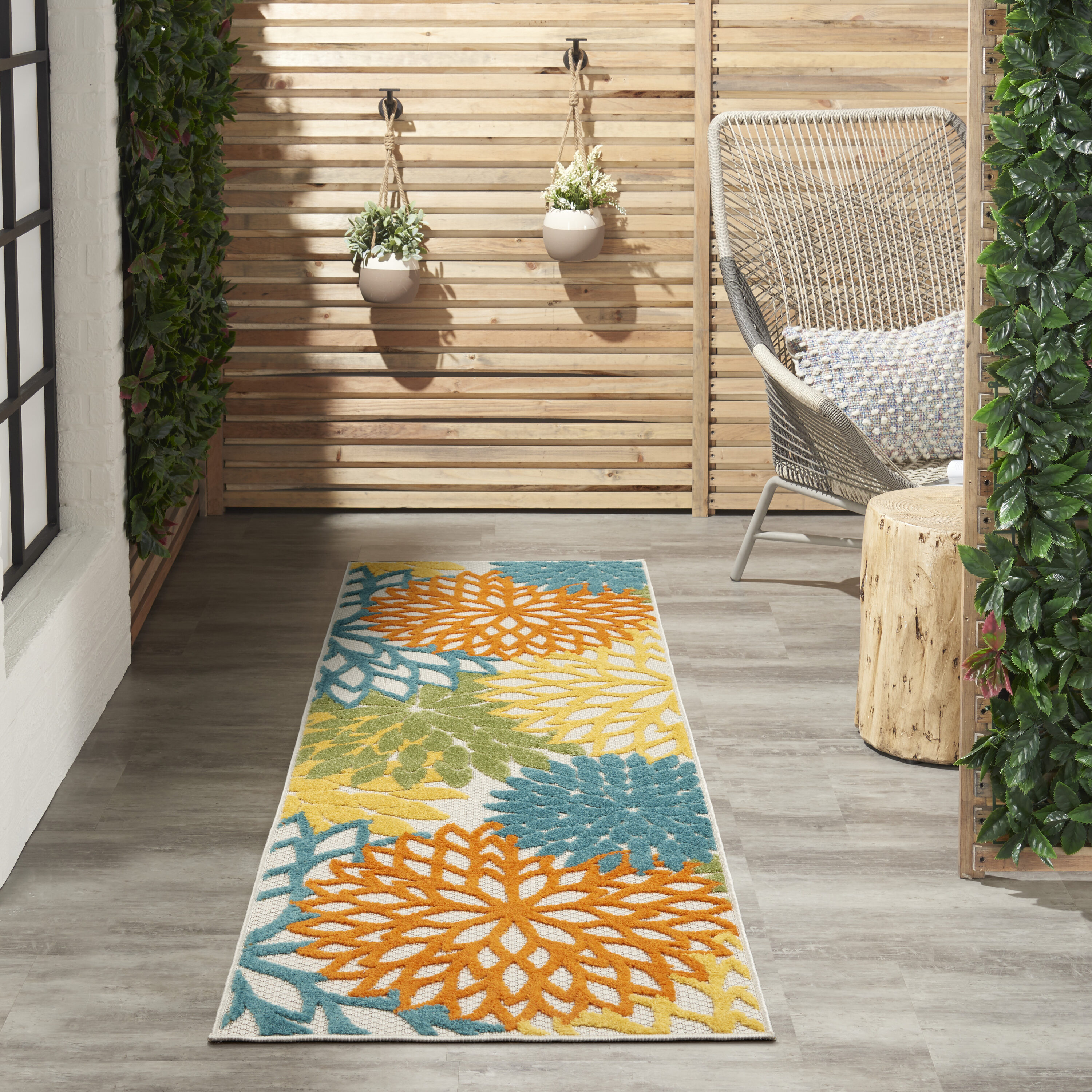 Tropical Turquoise Floral 2' x 6' Synthetic Outdoor Runner Rug