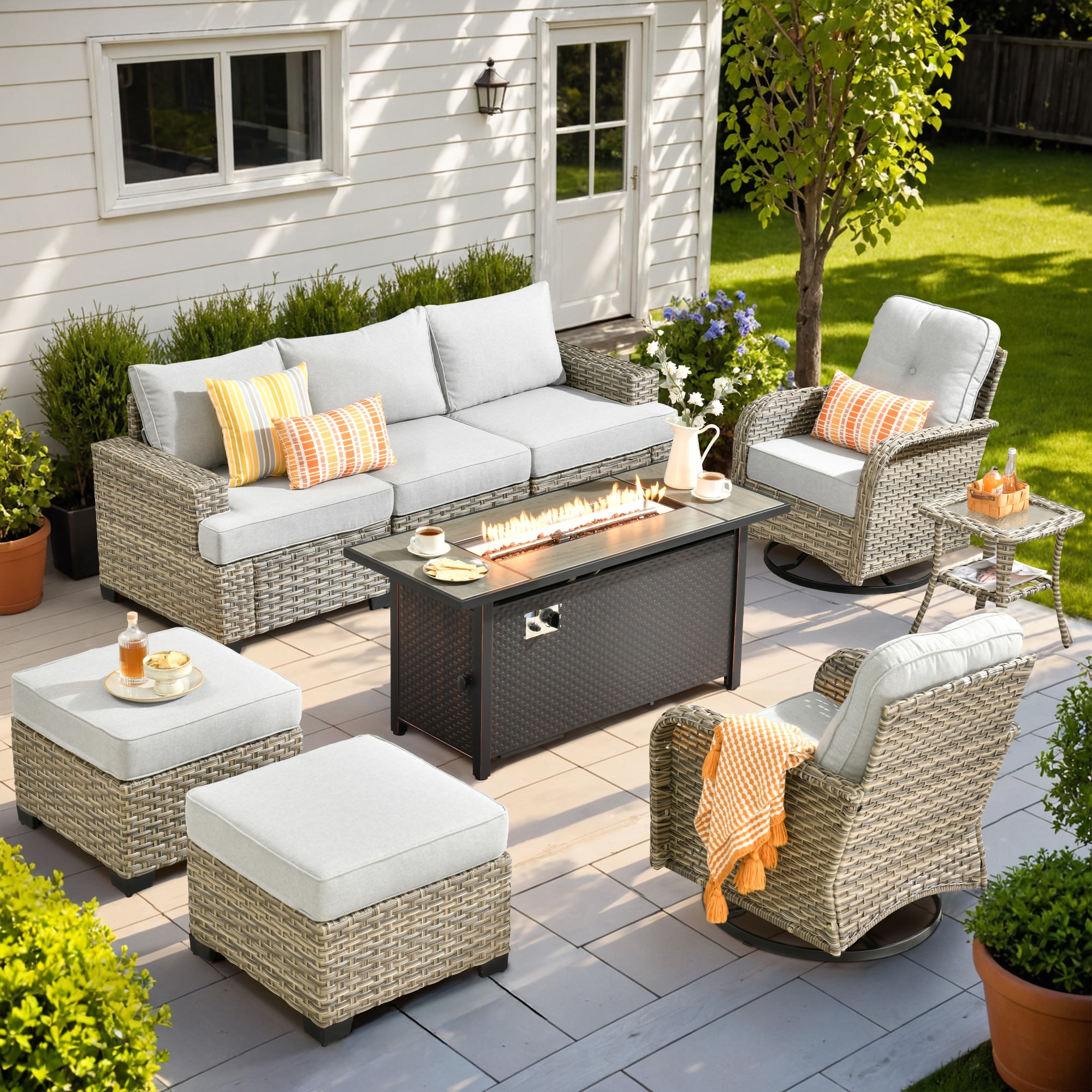 Ovios RFP5TS408YV 9 -Piece Wicker Patio Sofa Conversation Set with Light Gray Cushions