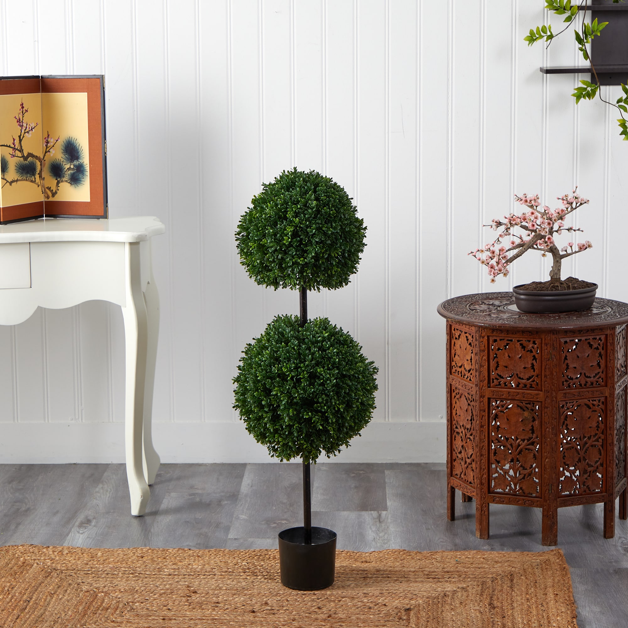 Elegant 3.5ft Outdoor-Ready Silk Boxwood Double Ball Topiary