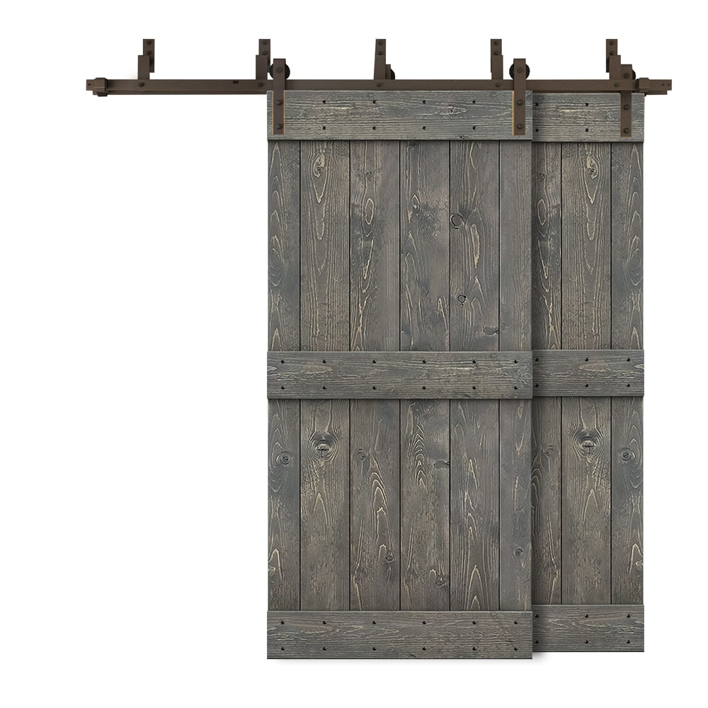 CALHOME 5XBP+S79+(2)03-20GT 40-in x 84-in Weather Gray Knotty pine Wood Solid core Double Bypass Barn Door (Hardware Included)