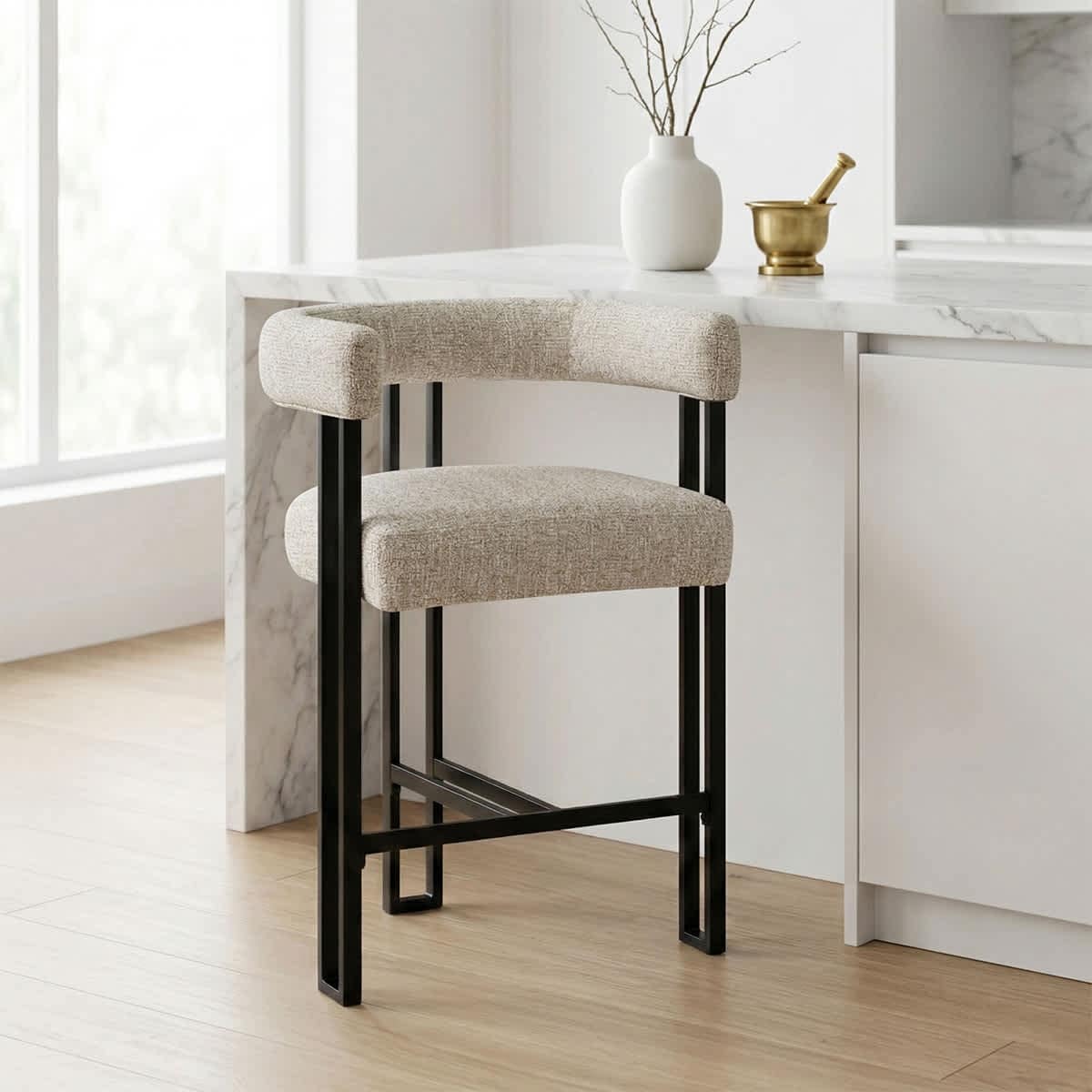 Maison Boucle Oatmeal Upholstered Counter Stool 24-in Seat Height with Curved Back and Metal Legs