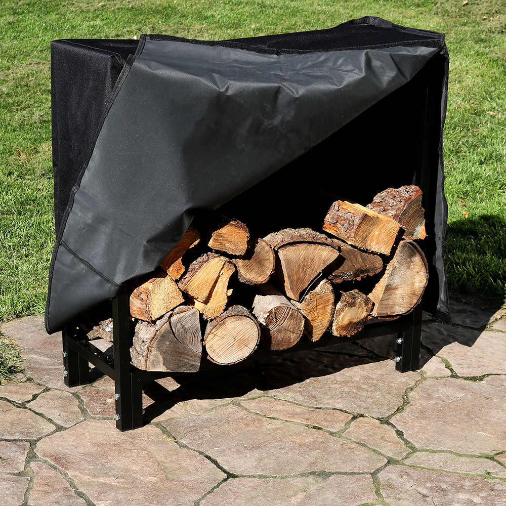 Black Steel Indoor/Outdoor Firewood Log Rack with Protective Cover