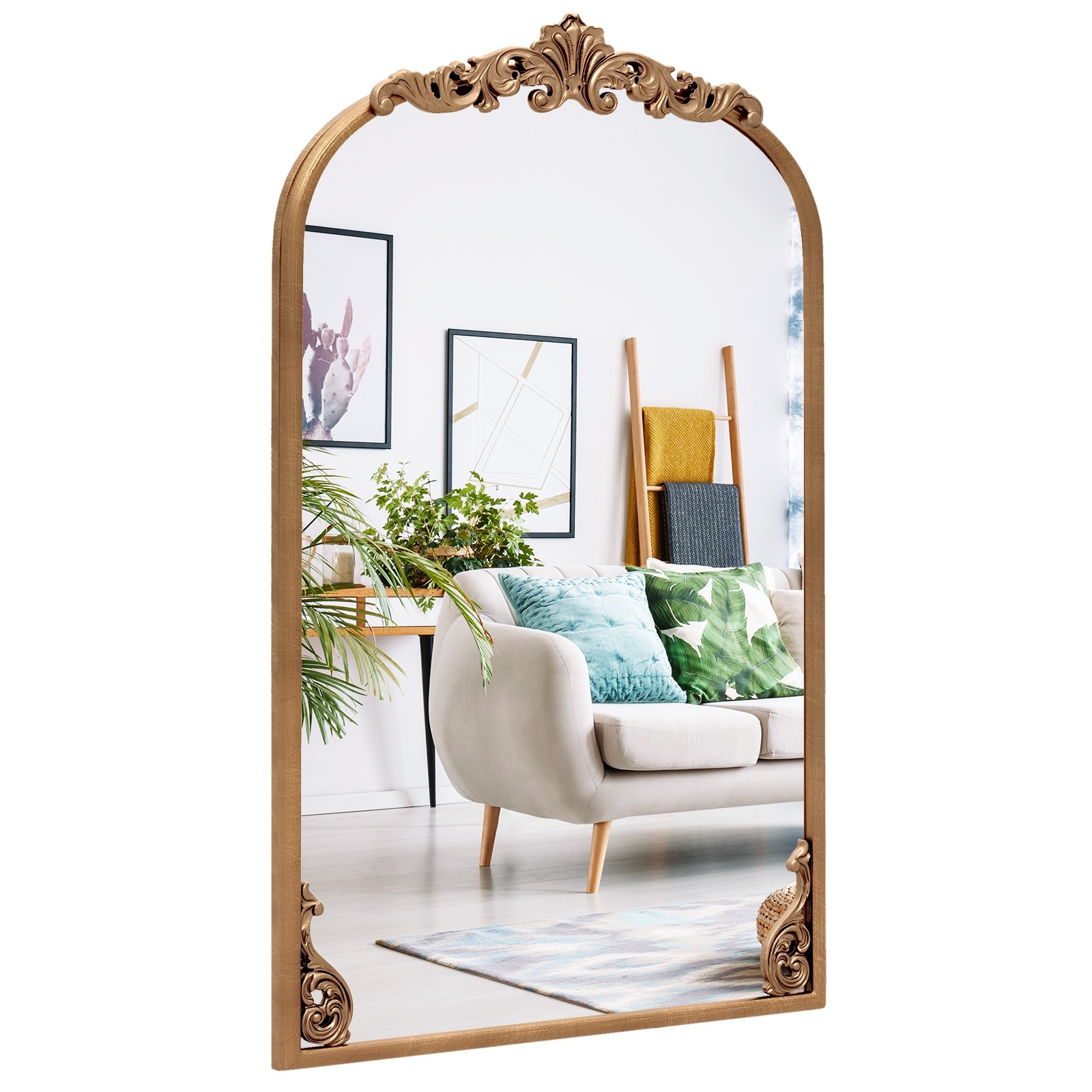 Volenca - 30-in x 20-in Arched Wall Mirror with Ornate Baroque Metal Frame and 2 Hanging Hooks
