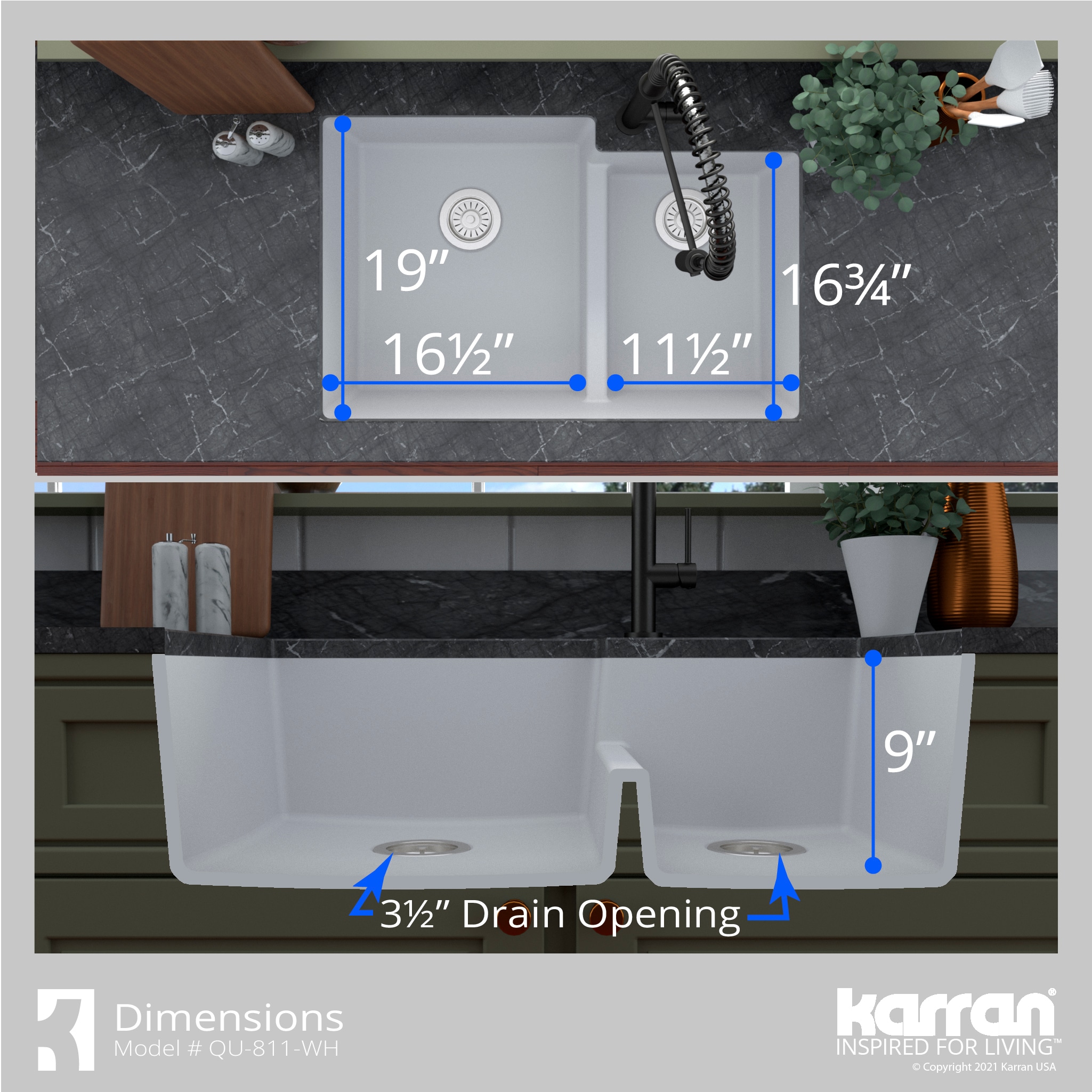 Karran Undermount 32-in x 21.25-in White Quartz Double Offset Bowl ...