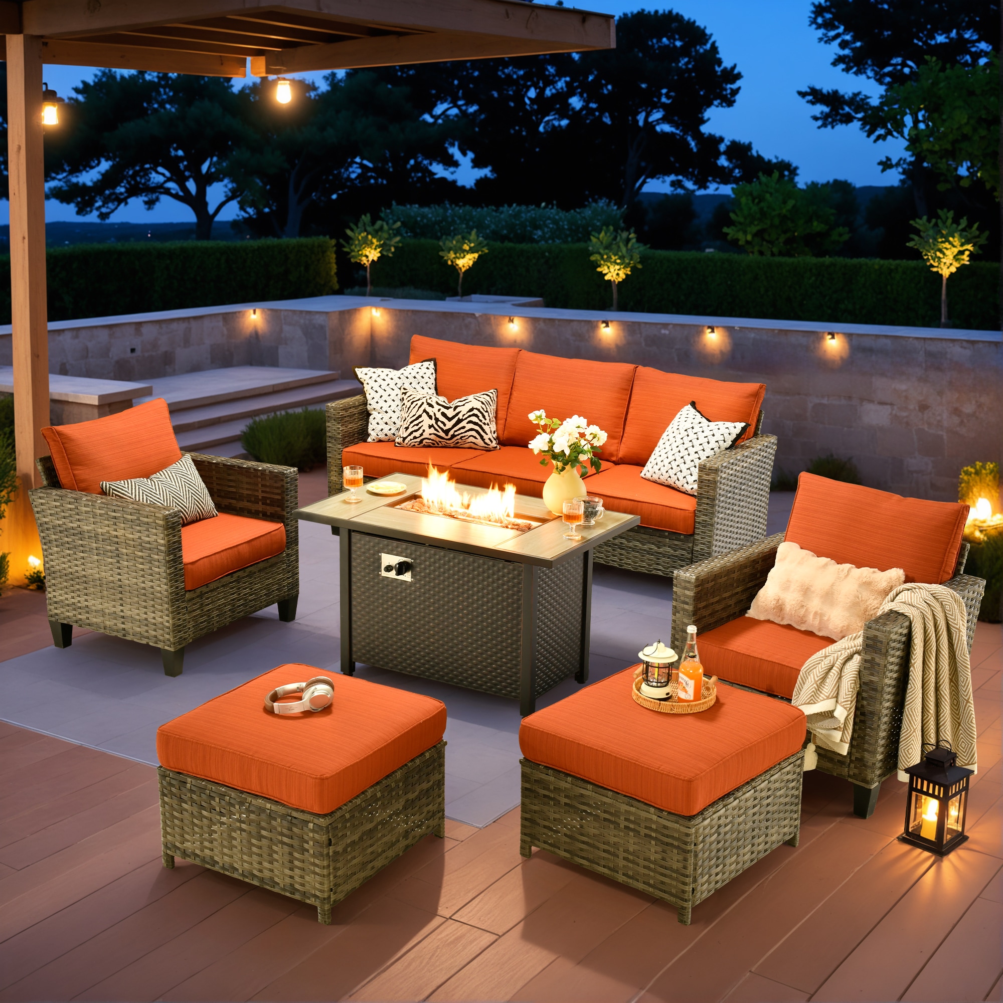 Ovios RFP-GRS8 6 -Piece Rattan Patio Sofa Conversation Set with Orange Cushions