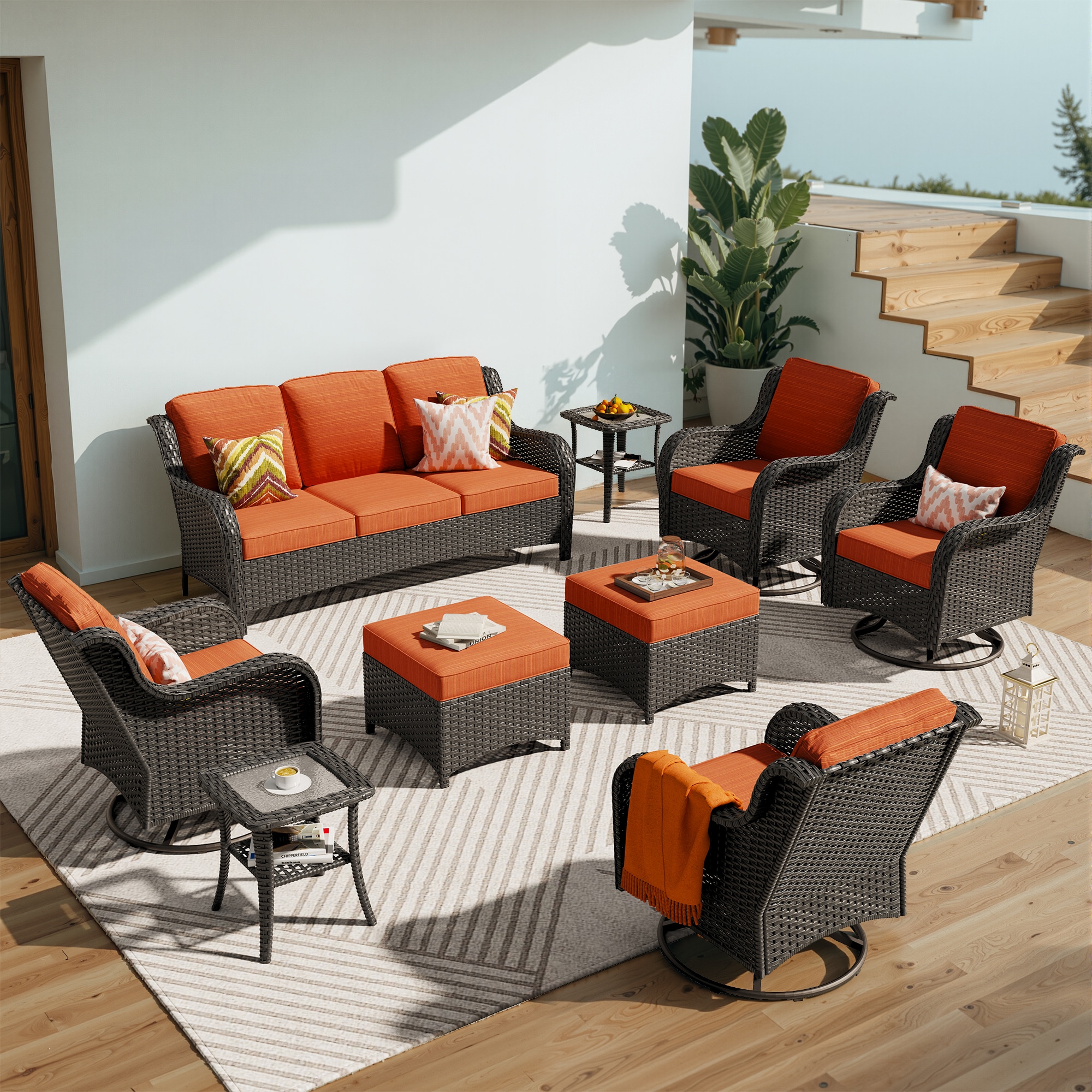 Pouuin SYZNTC8-9 9 -Piece Wicker Patio Sofa Conversation Set with Orange Cushions