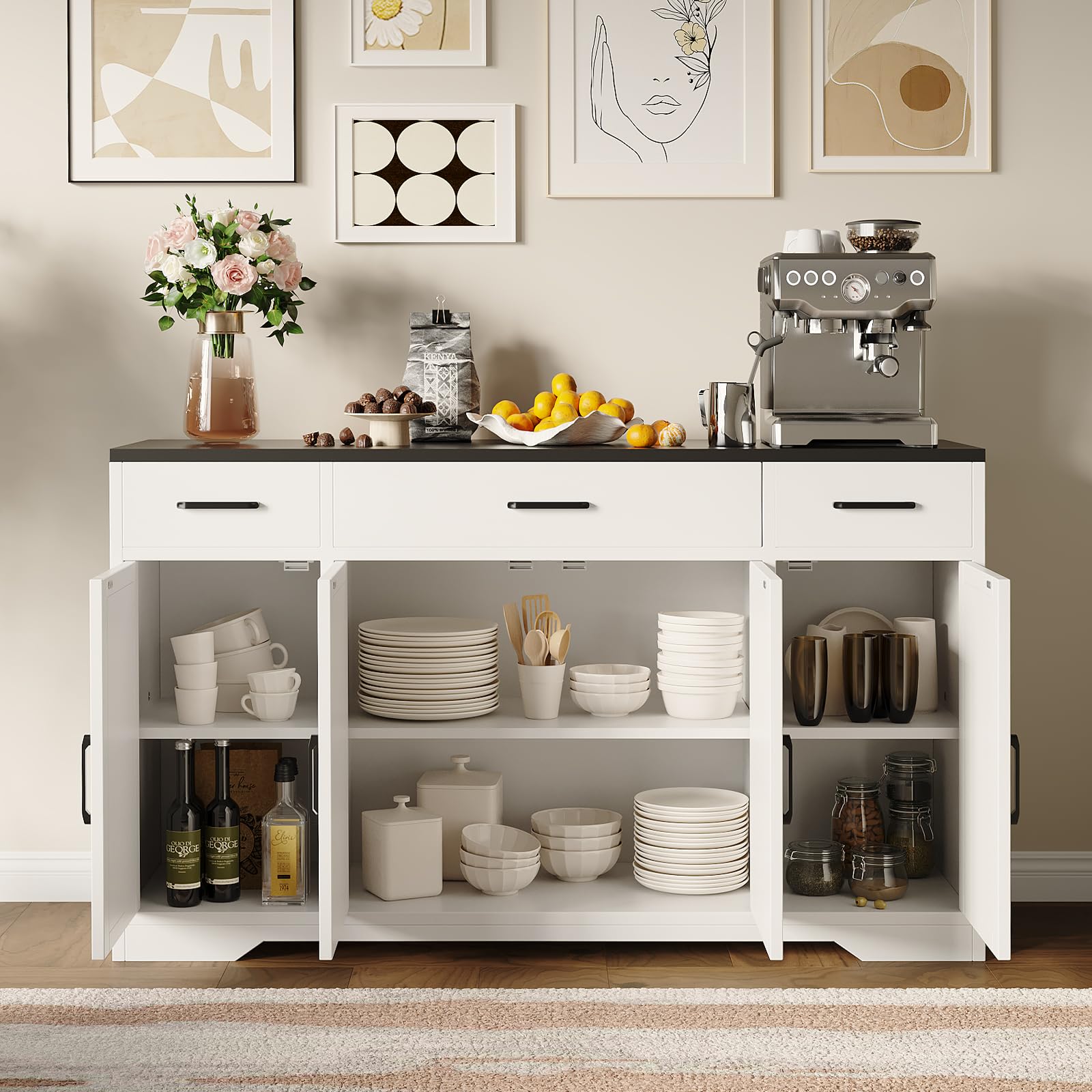 Lumberock HHH-PHO-15LVEEIM 55-in Sideboard with Storage Kitchen Storage Cabinet with 3 Drawers Modern Large Wood Farmhouse Buffet Cabinet TV Stand Coffee Bar for Living Room Hallway