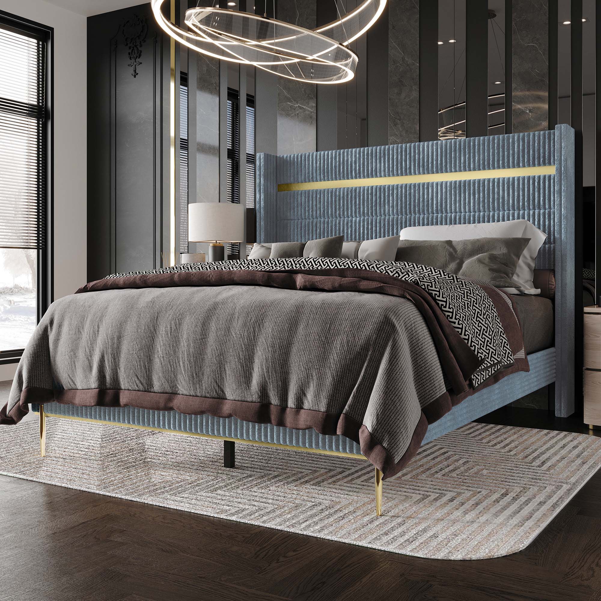 CasePiece C8406QUB-LBL-VV Light Blue Queen Wood Upholstered Bed