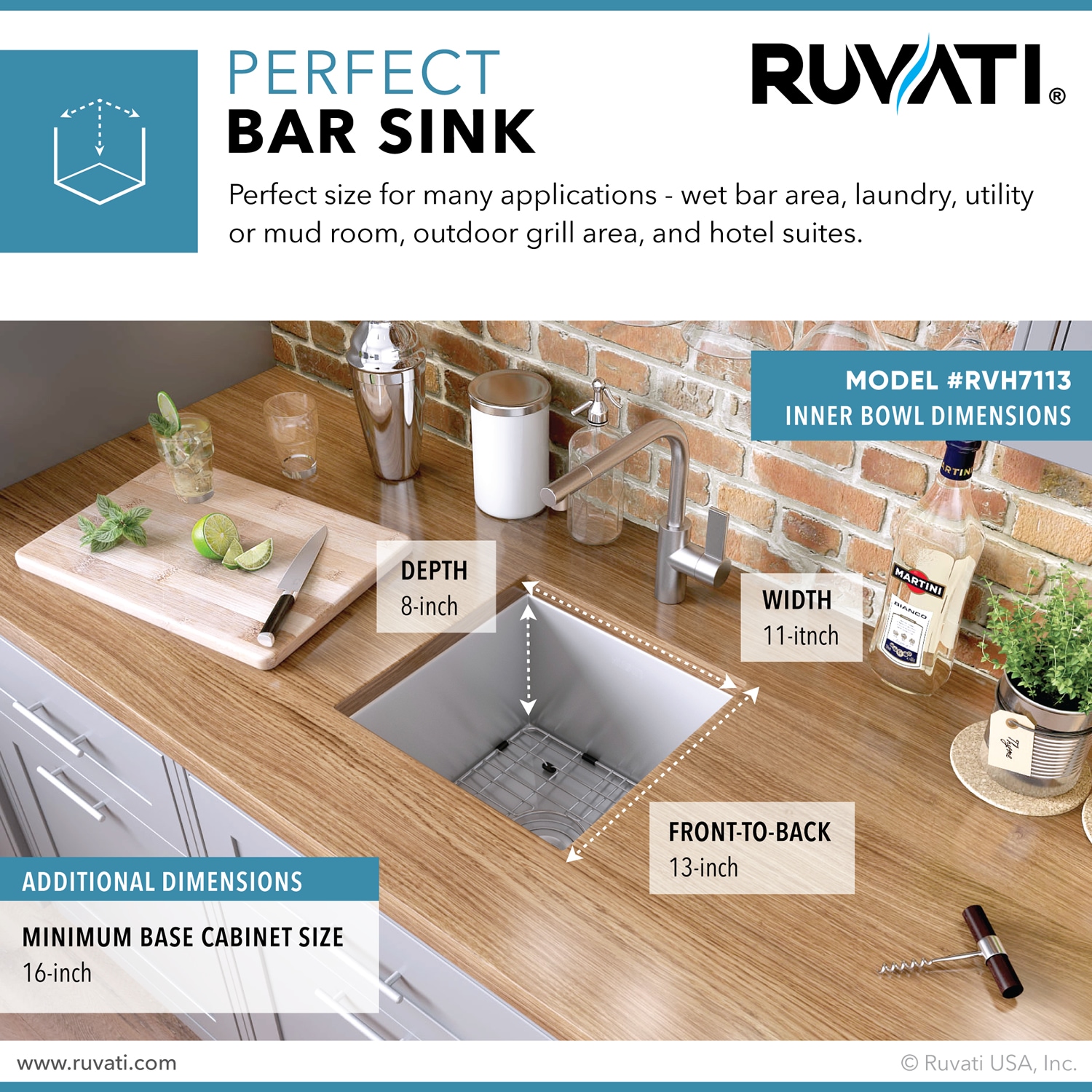 Brushed Stainless Steel Undermount Single Bowl Bar Prep Sink