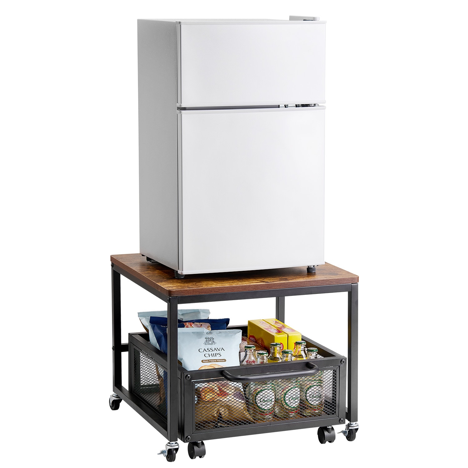 VEVOR SCDTCKMNBXZJ06602V0 Mini Fridge Stand with Storage 198 lbs Mini Fridge Table with Movable Storage Cart and Swivel Wheels Beverage Refrigerator Stand for Coffee Bar Mini Fridge Organizer for Home Dorm Light Brown