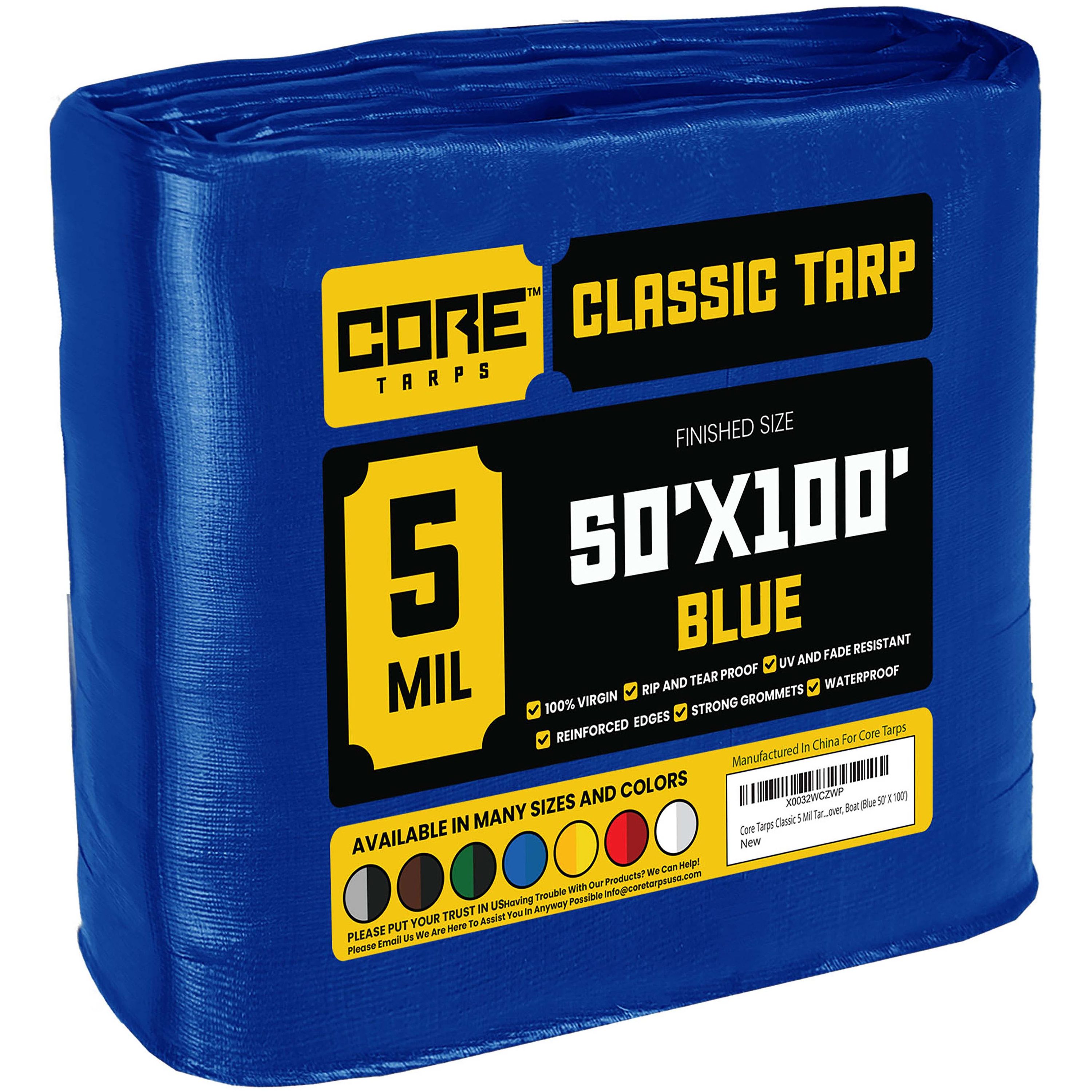 Core Tarps CT-505-50X100 50-ft x 100-ft Blue Waterproof Commercial Polyethylene 5-Mils Tarp