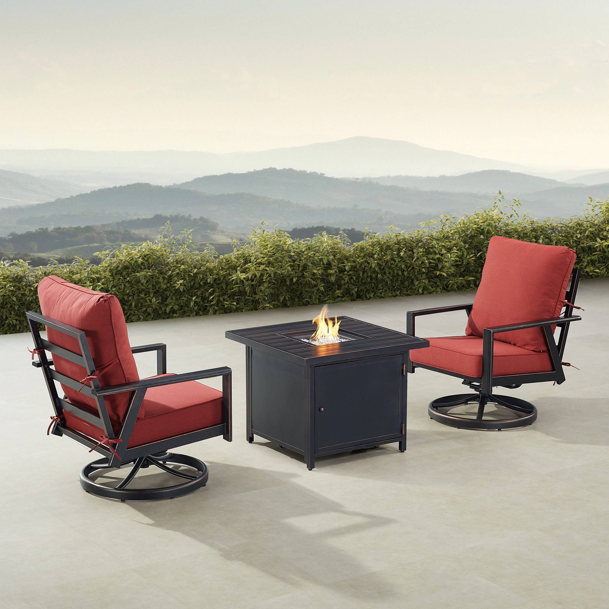 Oakland Living LUX2CHCHOLULARDCUA Fire Pit Table Bistro Set, Two Lounge Chairs 7-Piece Patio Conversation Set with Red Cushions