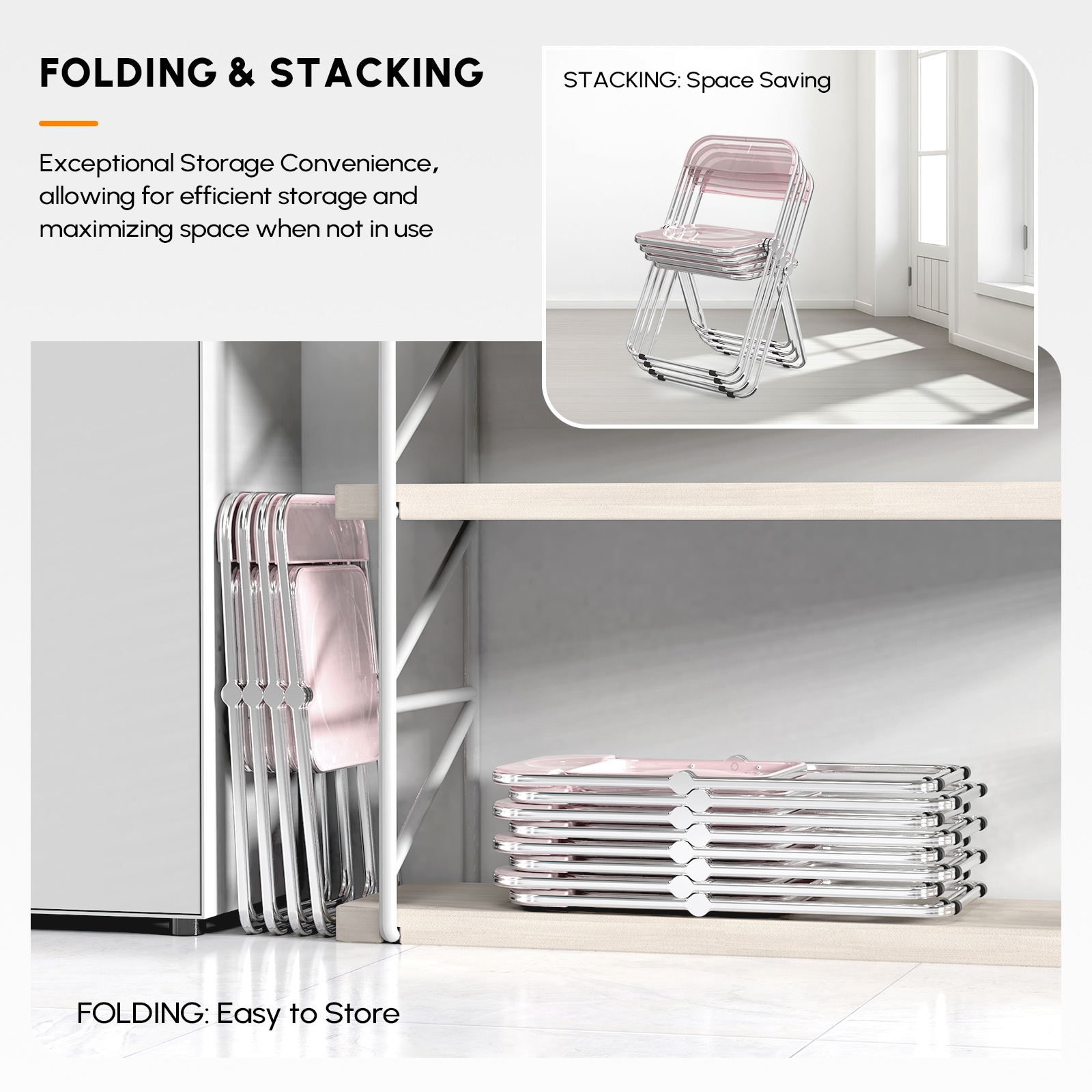 Pink Acrylic Folding Utility Chairs with Metal Frames, Set of 2