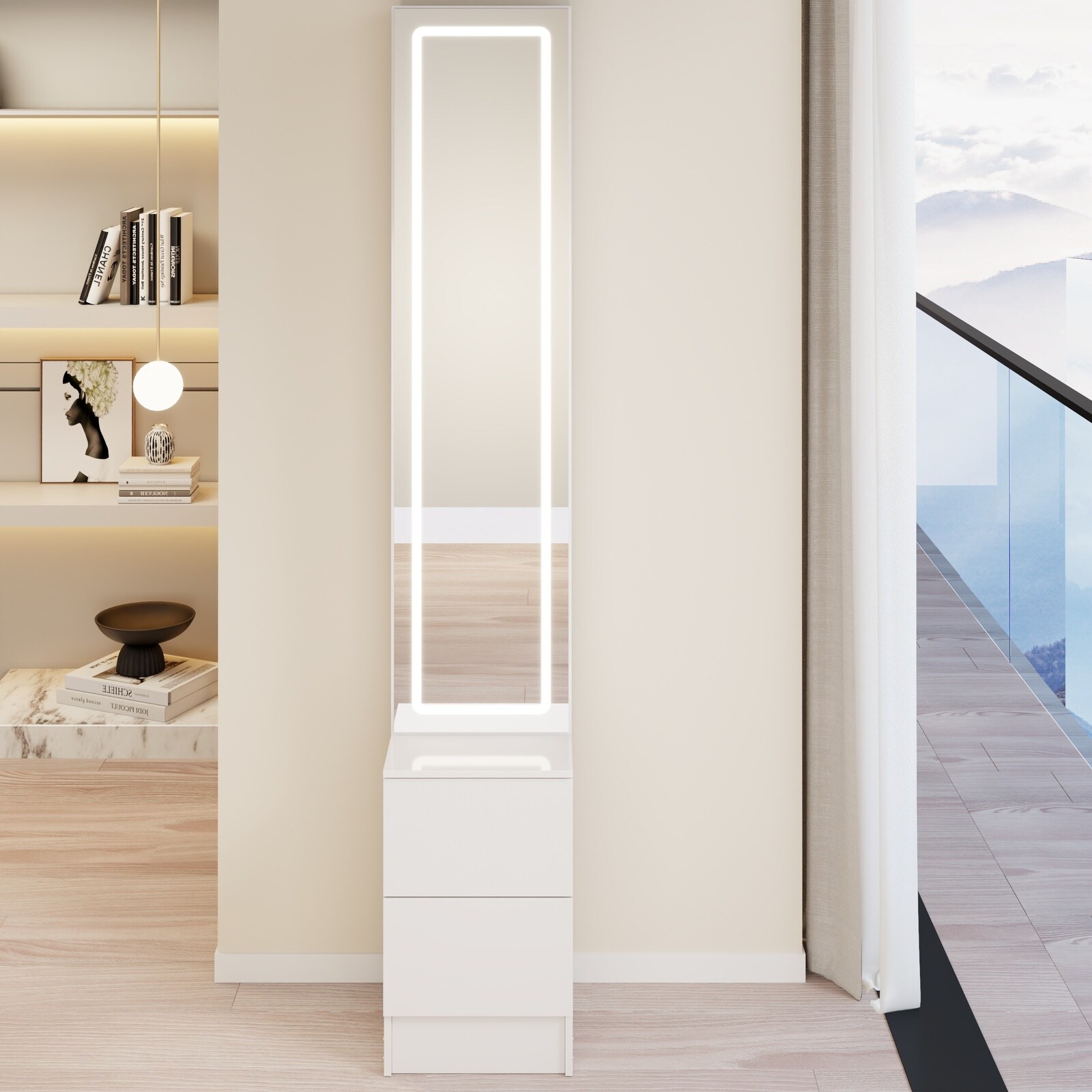 Horizons Prime 12 inch x 16 inch x 63 inch White MDF LED Dressing Mirror Cabinet with Adjustable Brightness and Multi Layer Storage
