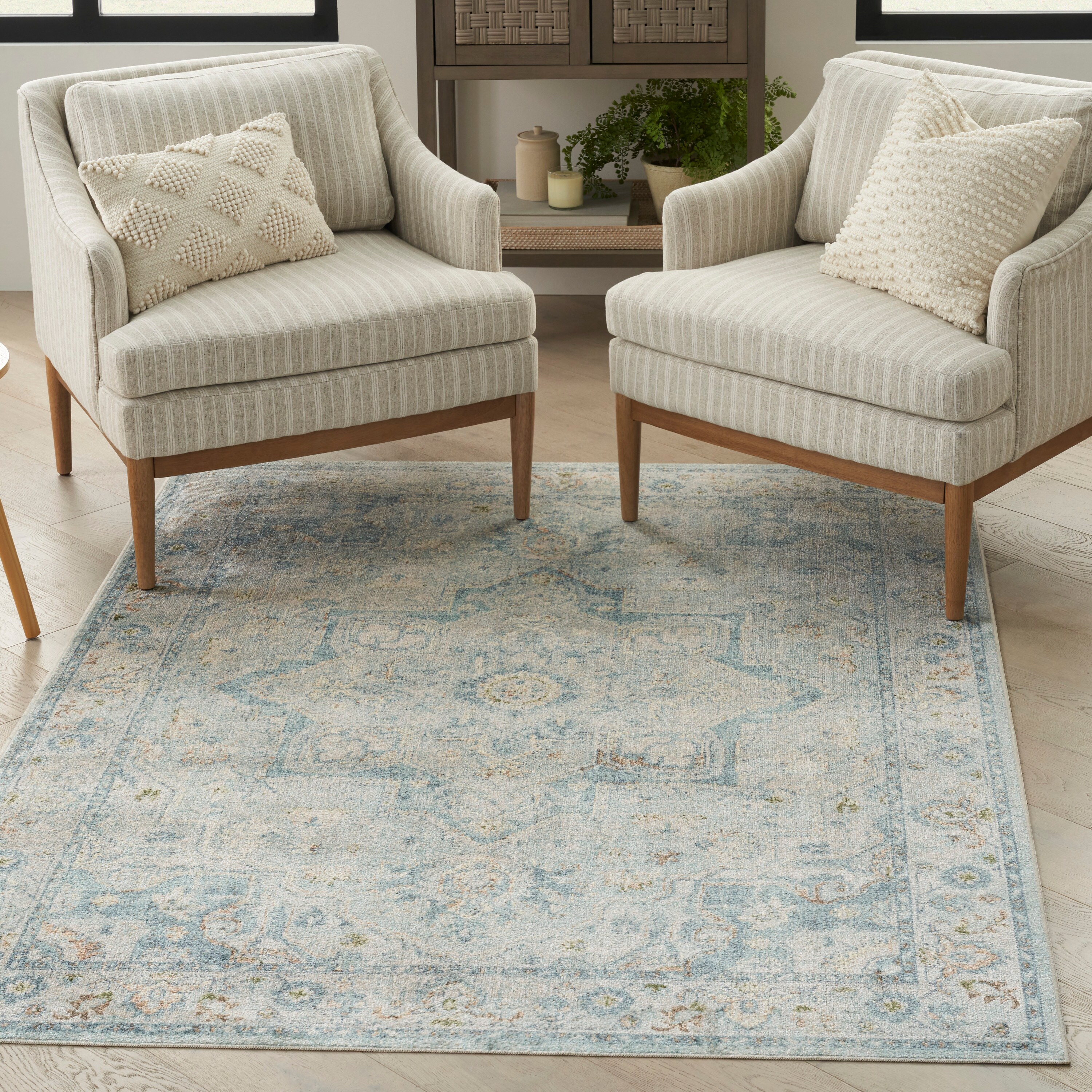 Light Blue Medallion Flatweave Washable Synthetic Area Rug