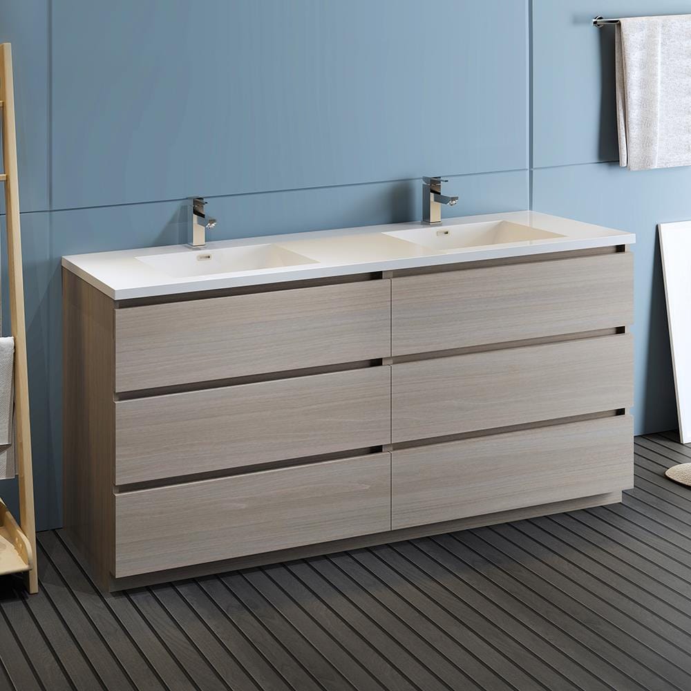 Gray Wood 72" Freestanding Double Sink Bathroom Vanity with Acrylic Top