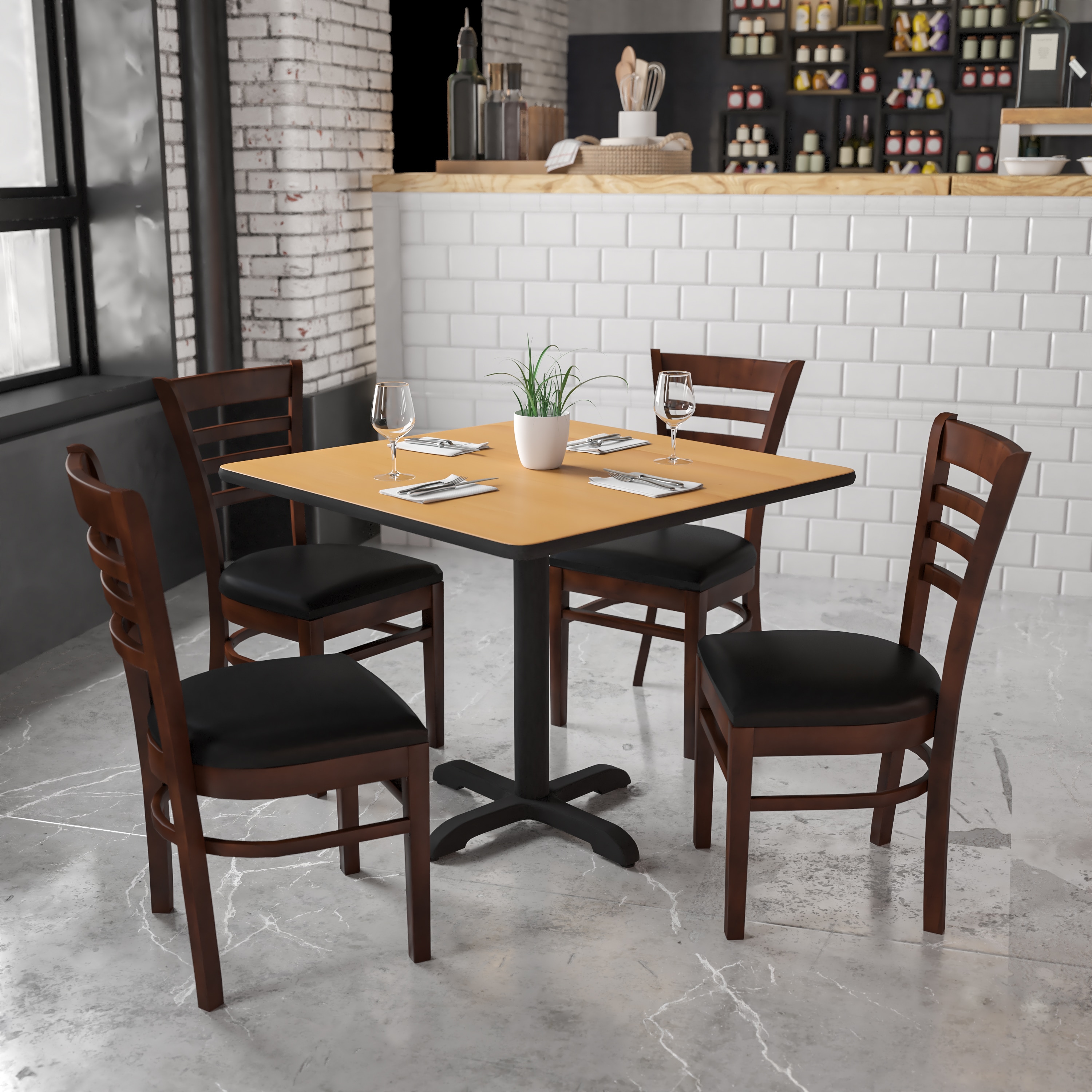 Walnut Wood and Black Vinyl Ladderback Side Chair