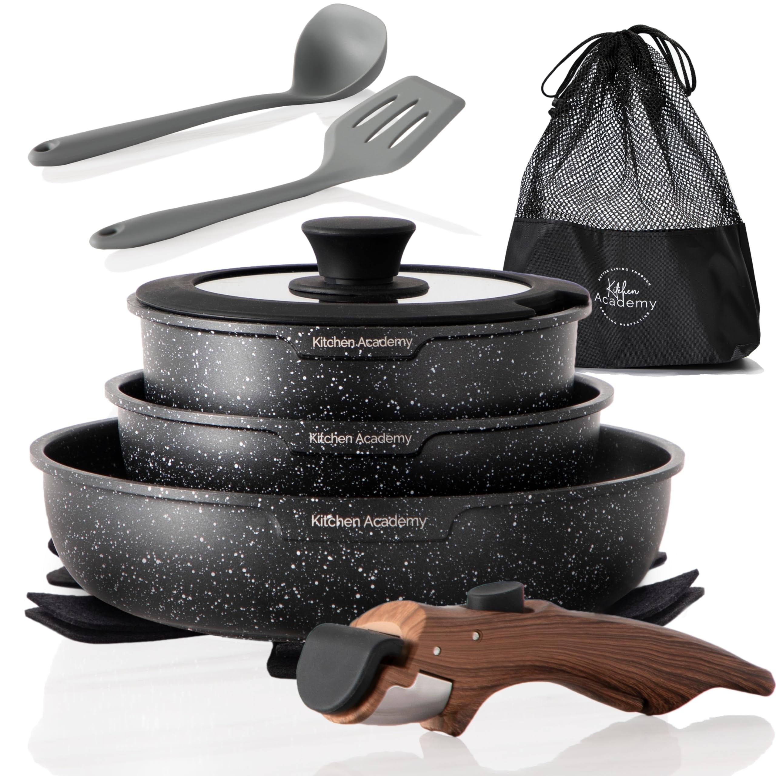 Aoibox  10 Piece Black Granite Non Stick Stackable Cookware Set with Detachable Handle and Storage Bag for RV