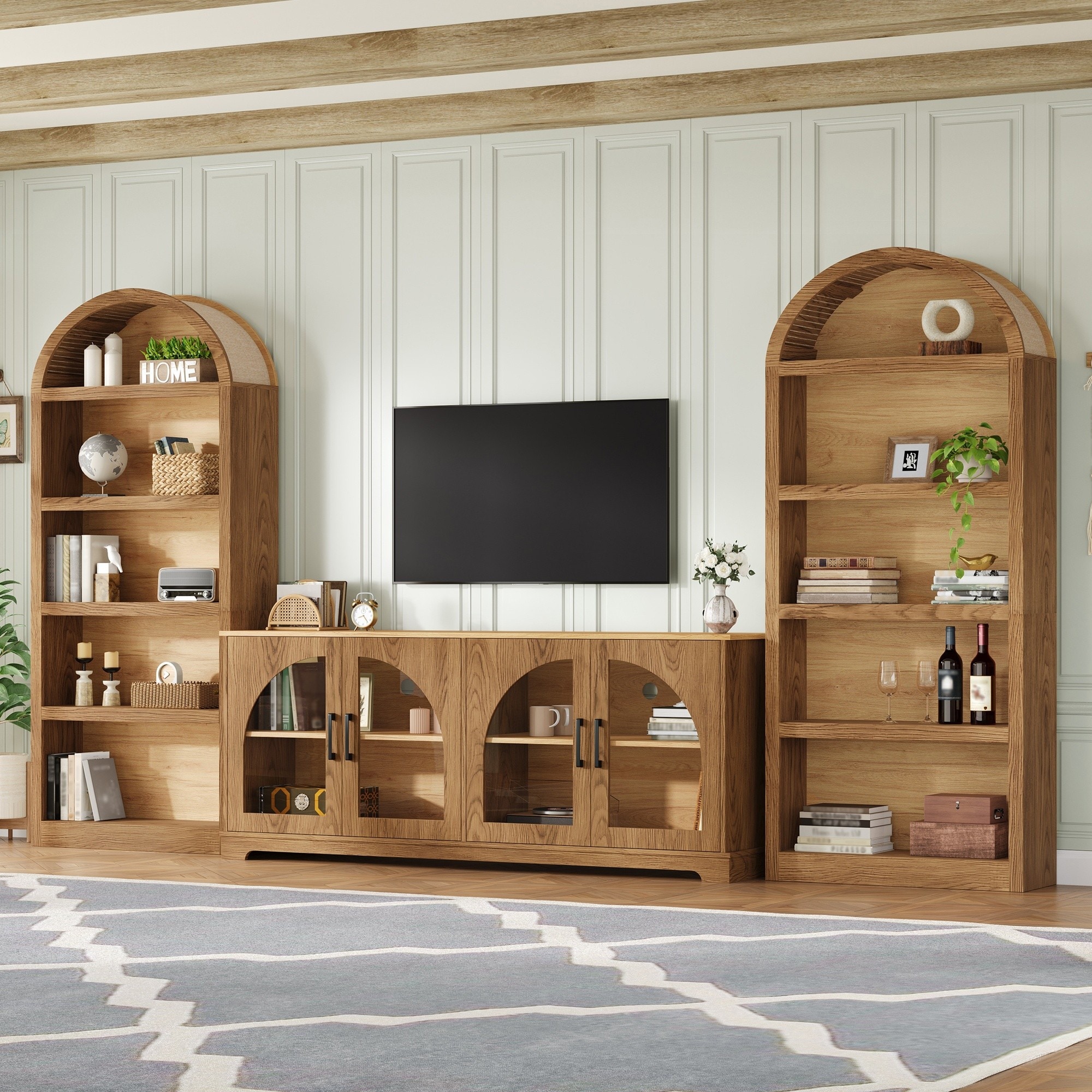 Horizons Prime 67 inch x 16 inch x 27 inch Brown and Natural Wood Grain MDF 3-Piece Retro TV Stand Set with Bookshelf for TVs Up to 70 inch with Arched Design and Tempered Glass Doors