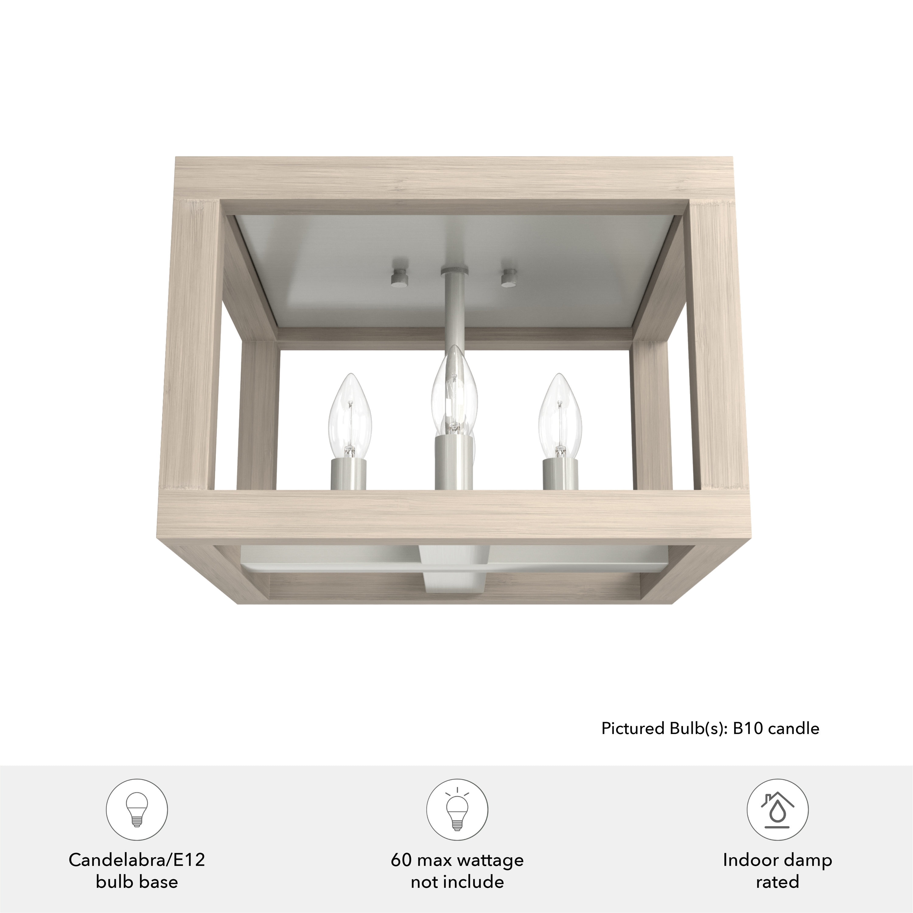 Brushed Nickel and Bleached Wood 4-Light Flush Mount Ceiling Fixture