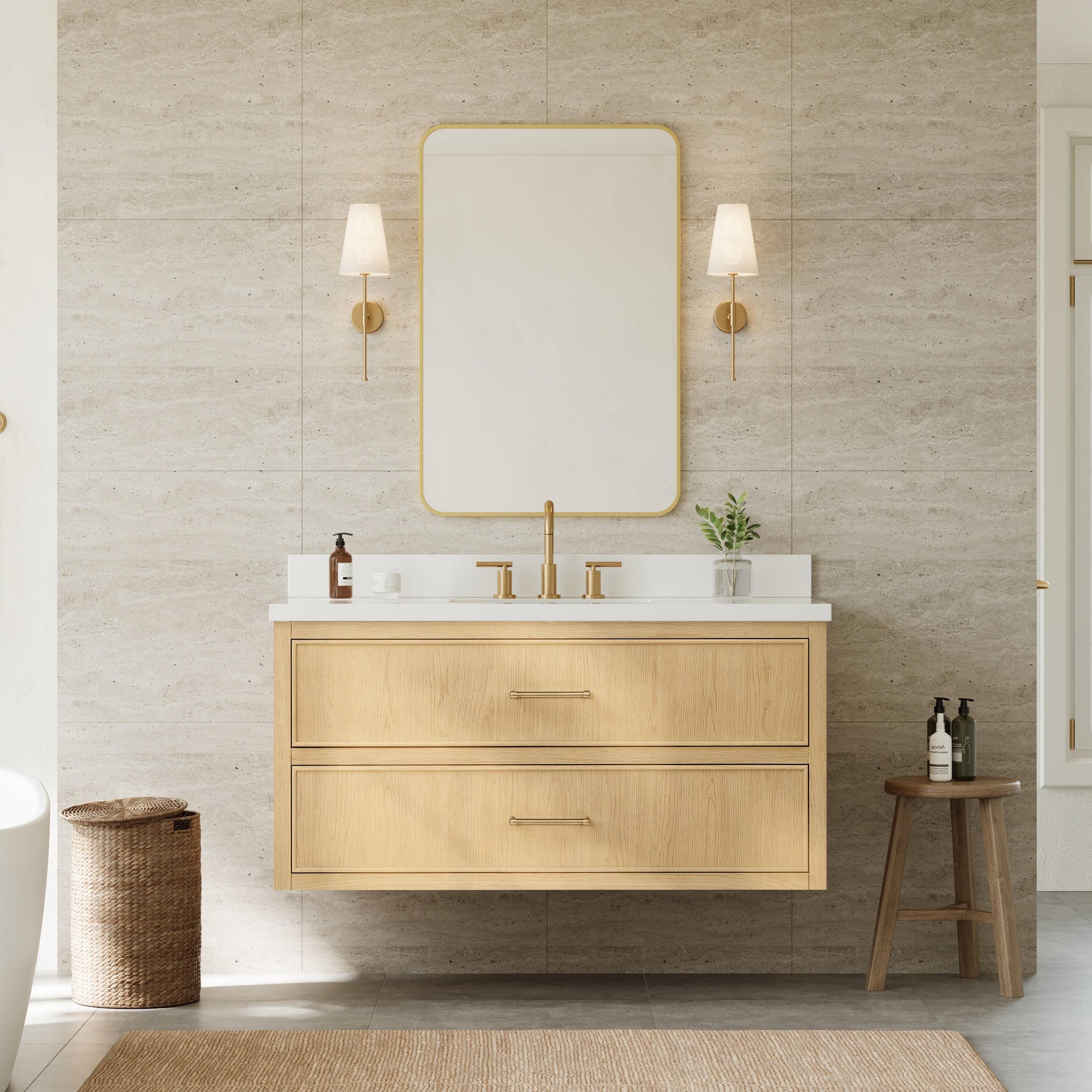 Wyndham Collection Isola WM 48 Inch Single Wall Mounted Bathroom Vanity in Scandinavian Oak, White Quartz Countertop, Undermount Square Sink (3-Hole), Satin Bronze Trim