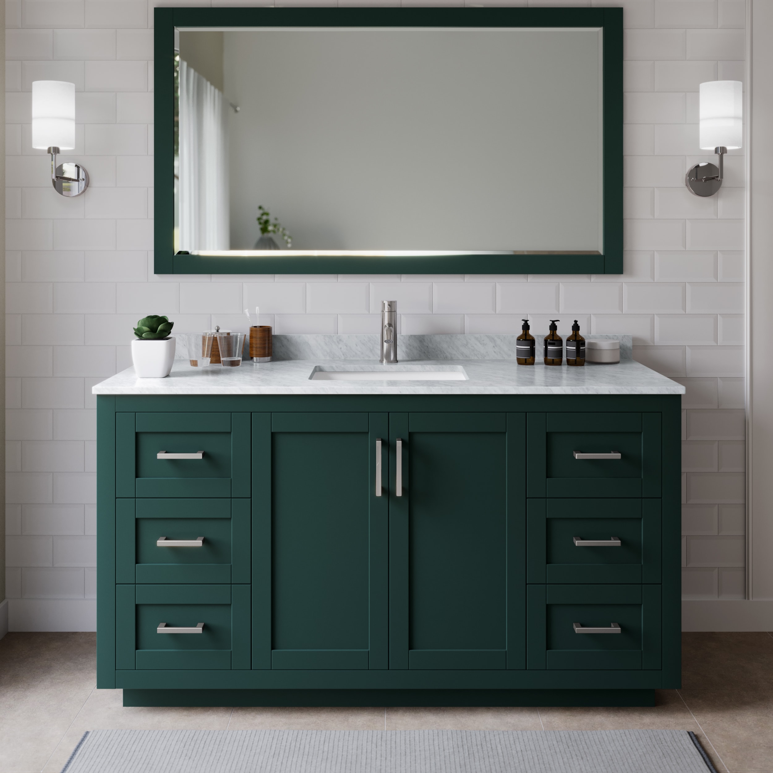 Wyndham Collection WCF292966SGECMUNSM58 Miranda 66-in Green with Brushed Nickel Trim Undermount Single Sink Bathroom Vanity with White Carrara Marble Marble Top (Mirror Included)