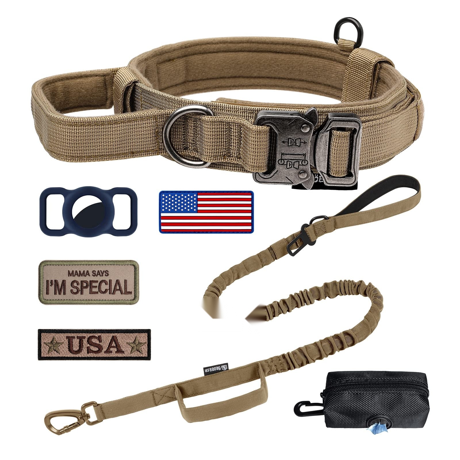 Etokfoks  Tactical Dog Collar and Leash Set Adjustable Nylon Dog Collar with Handle Shock Absorbing Retractable Strong Dog Leash for Medium