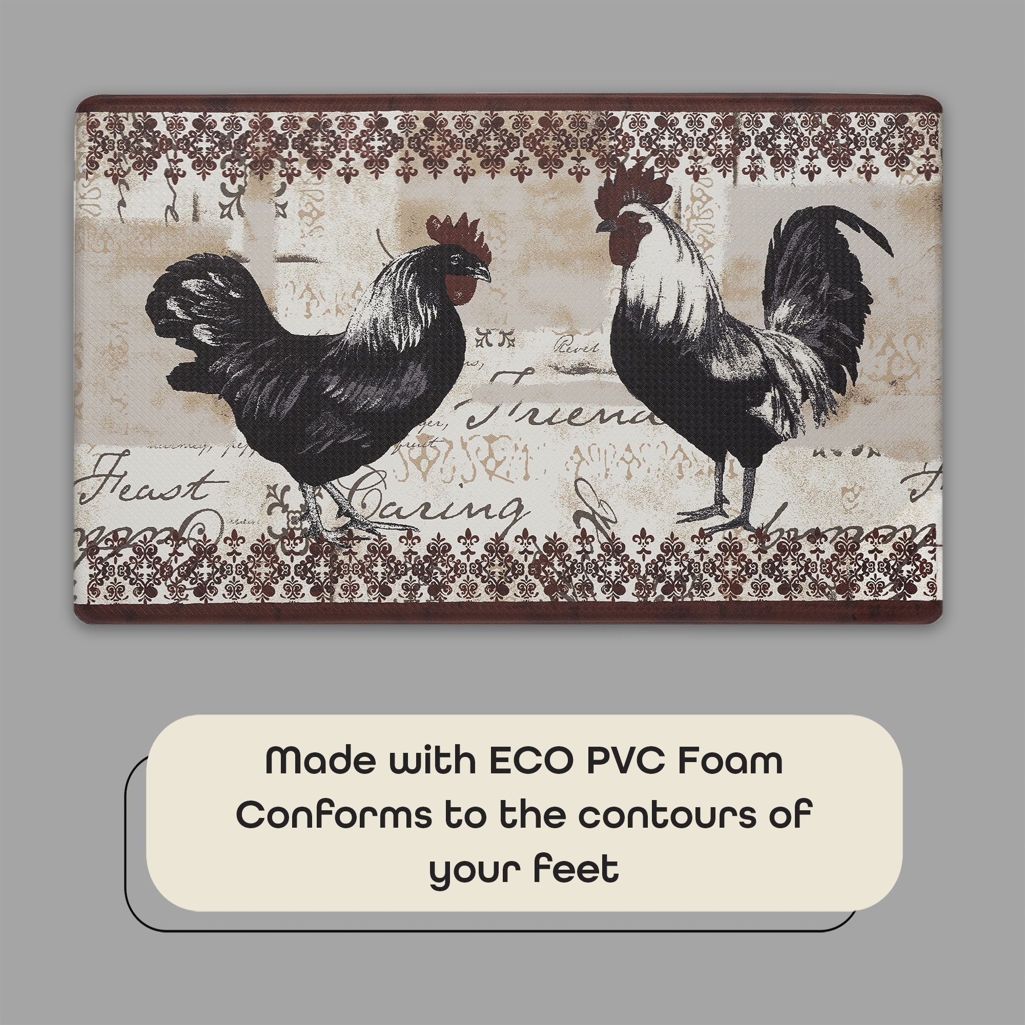 Rooster Design Beige and Brown Memory Foam Anti-Fatigue Kitchen Mat