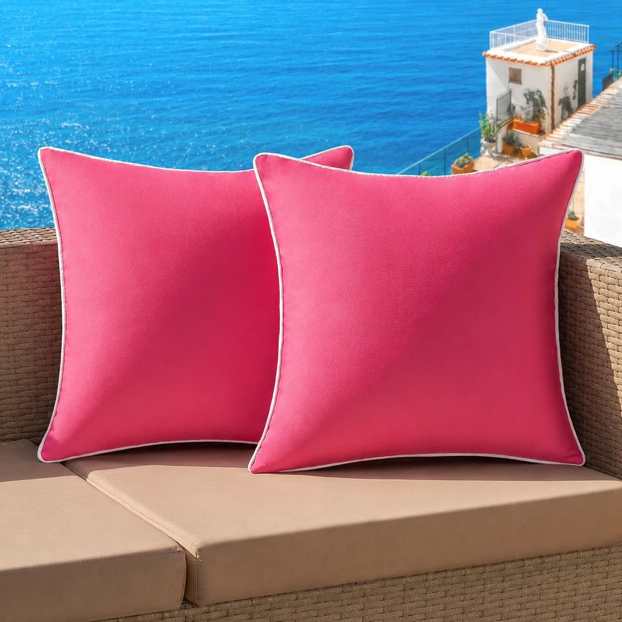 Phewnyzo  Pack of 2 Outdoor Waterproof Pillow Covers Hot Pink 18x18 Inch Decorative Farmhouse Square Throw Pillow Covers for Patio Sofa Bed