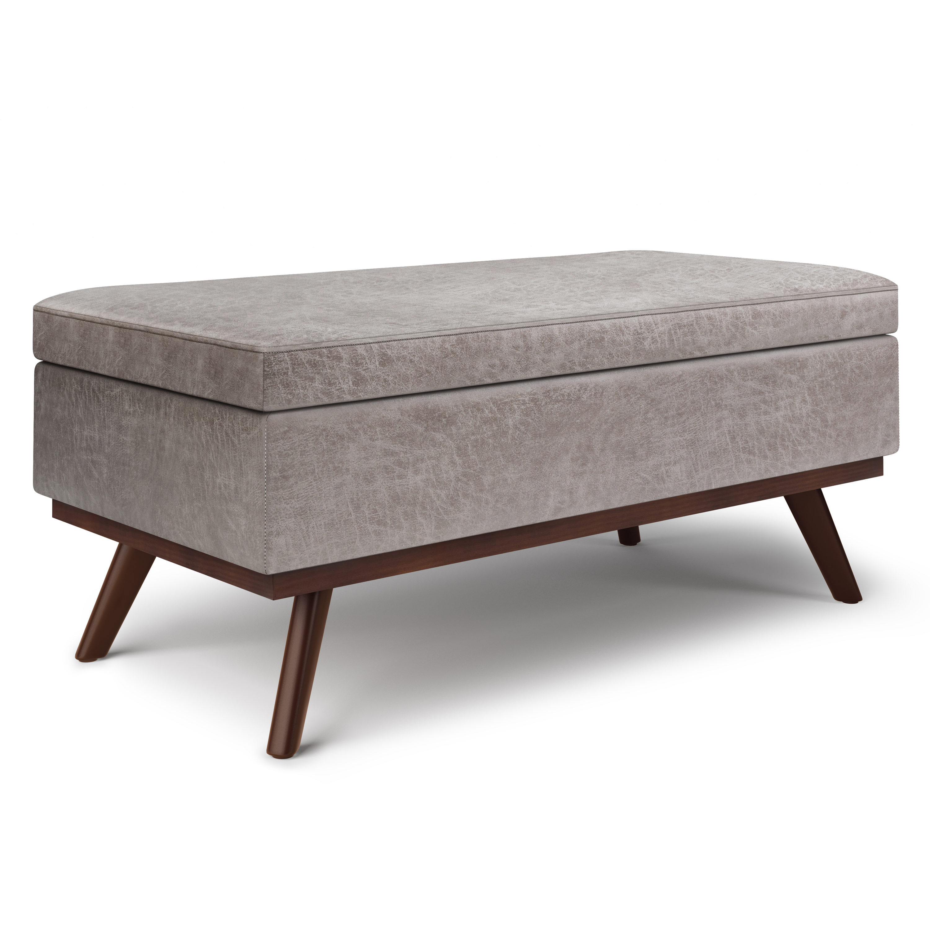 Simpli Home AXCOT267LT-DTP Owen Midcentury Distressed Grey Faux Leather Storage Ottoman