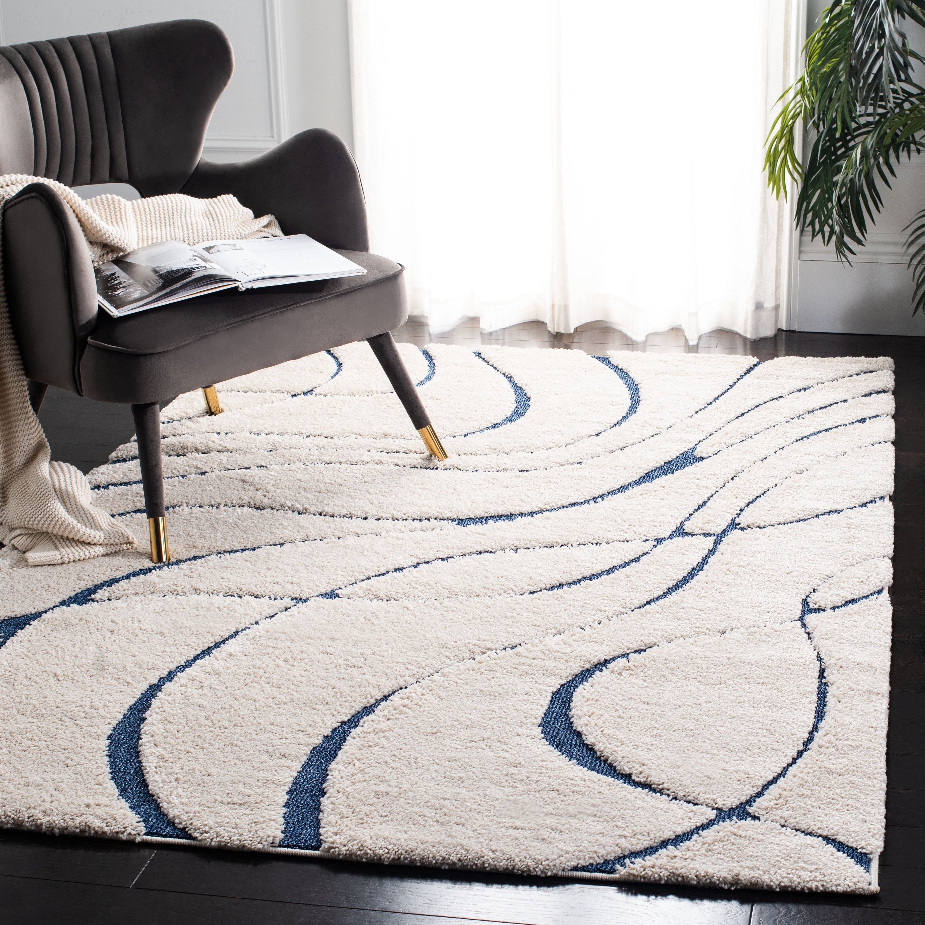 Safavieh SG471-1165-11SQ Florida Rhythm Shag 11 x 11 (ft) Loomed Polypropylene Cream/Blue Square Indoor Abstract Farmhouse/Cottage Area rug
