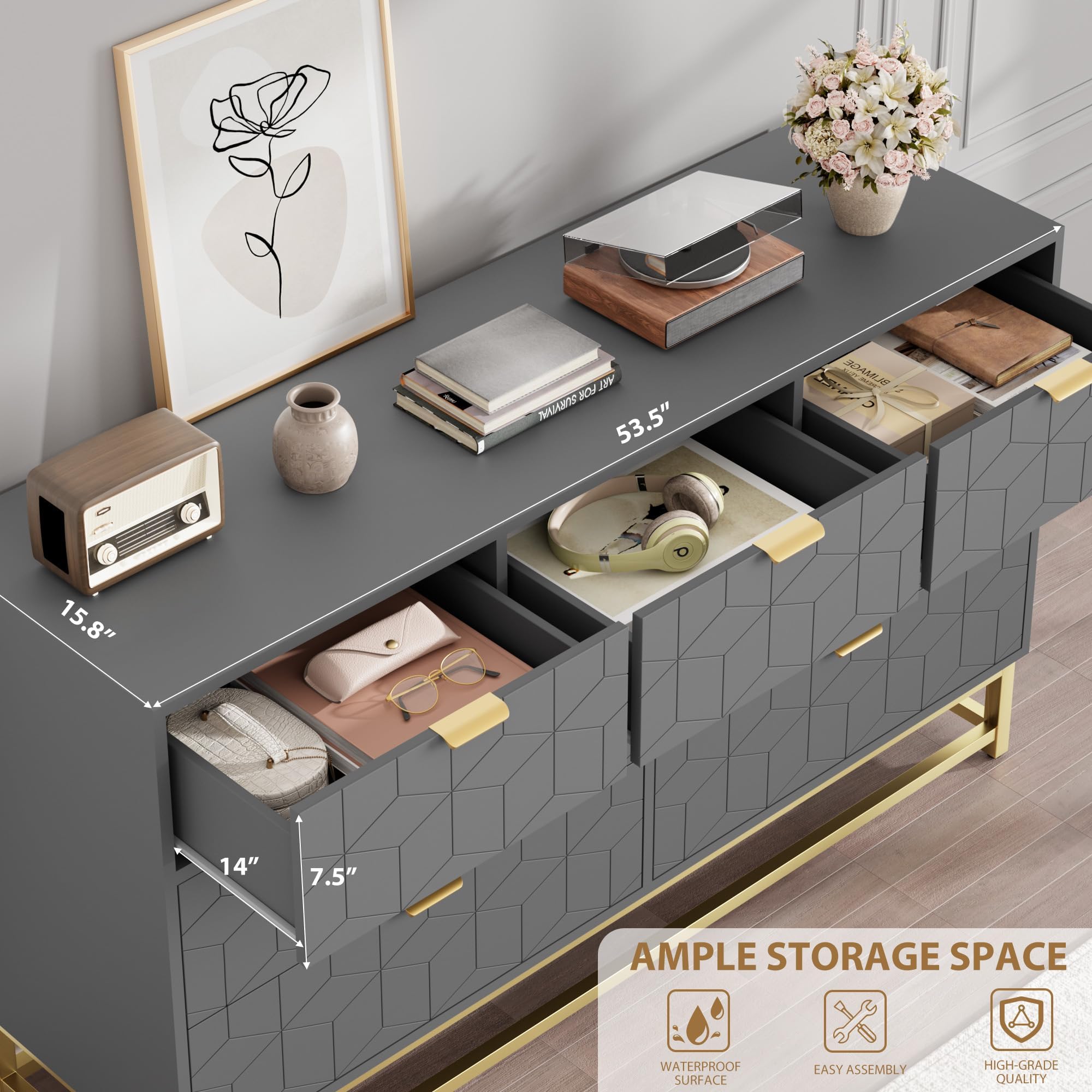 IdealHouse Modern 7 Drawer Storage Dresser - Wide Chest with Golden ...