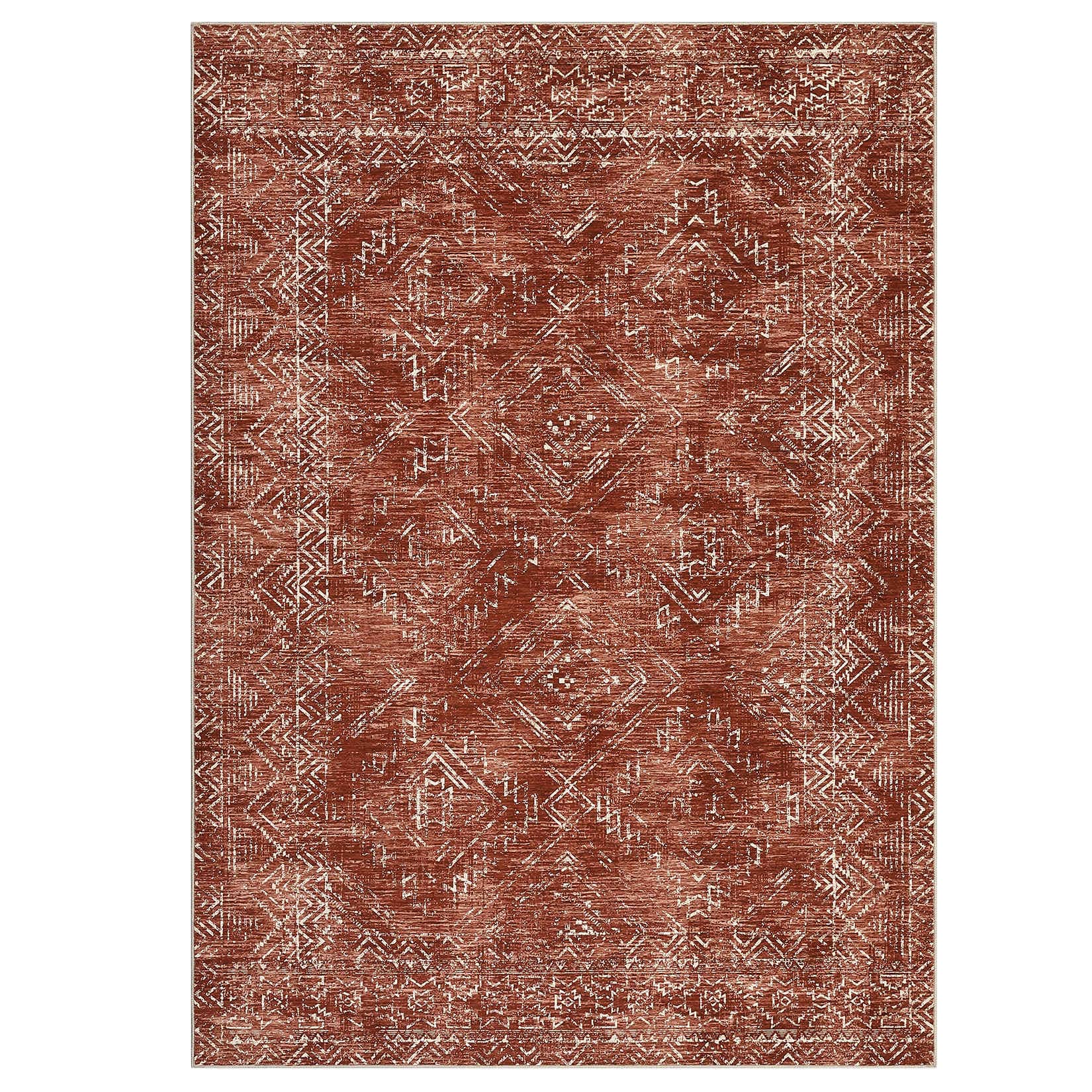 Qeetex LSN-PHO-33RAZYPI 5 x 7 ft Polyester Cashmere Dark Red Rectangular Hallway Bathroom Entryway Kitchen Office Foldable Geometric Modern Washable Area Rug