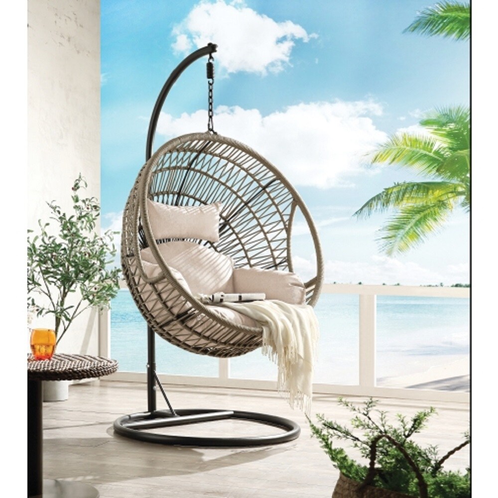 ZAKLOOP WU45088 Patio Swing Chair Woven Brown Swivel Egg Chair with Brown Woven Seat