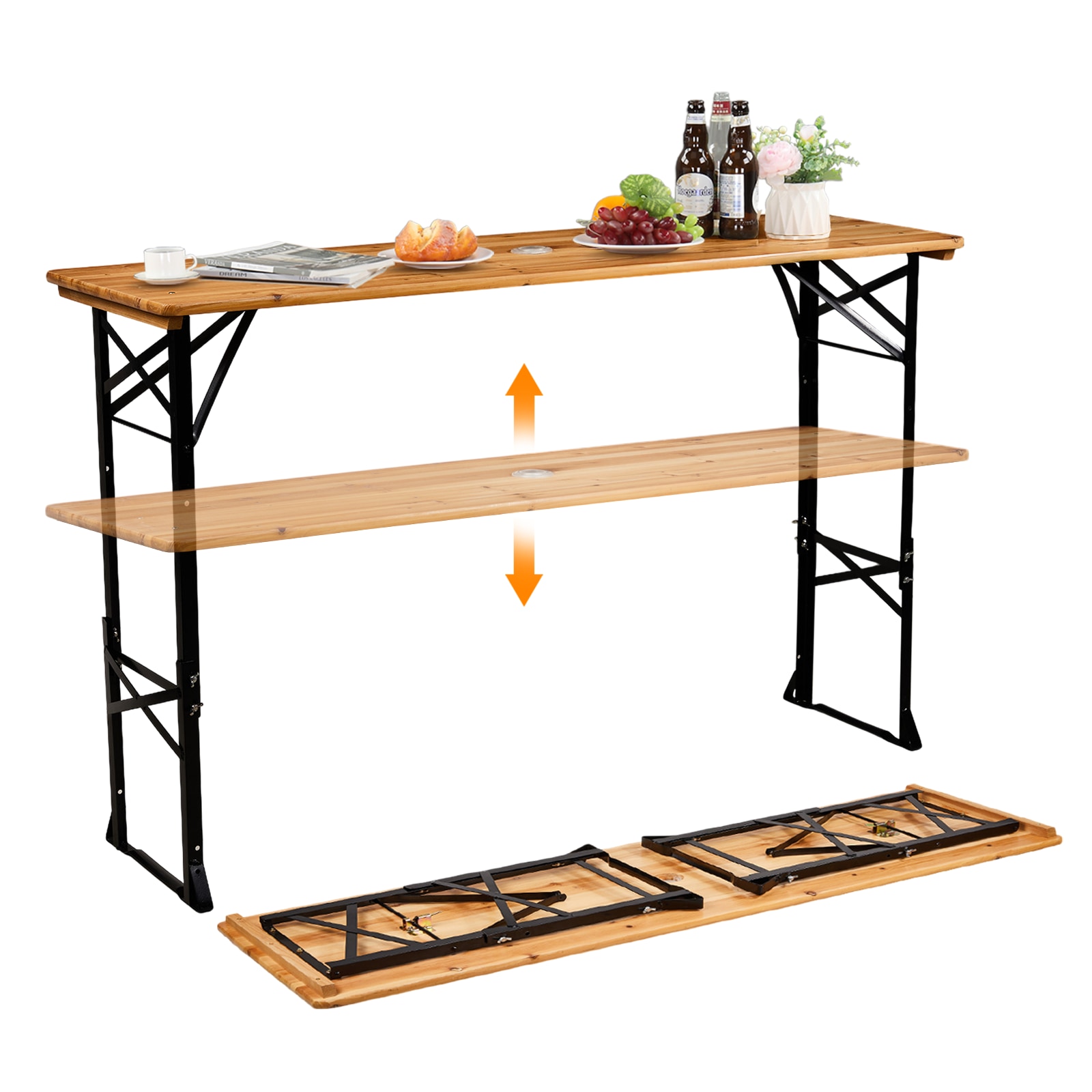 VINGLI 67-in W Wooden Adjustable Folding Picnic Table with Umbrella ...