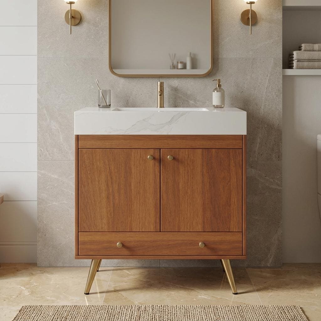 Homy Casa 30-in W Gold and Walnut Free-standing Bathroom Vanity with Soft Close Drawers Waterproof Engineered Wood Faux Marble Top