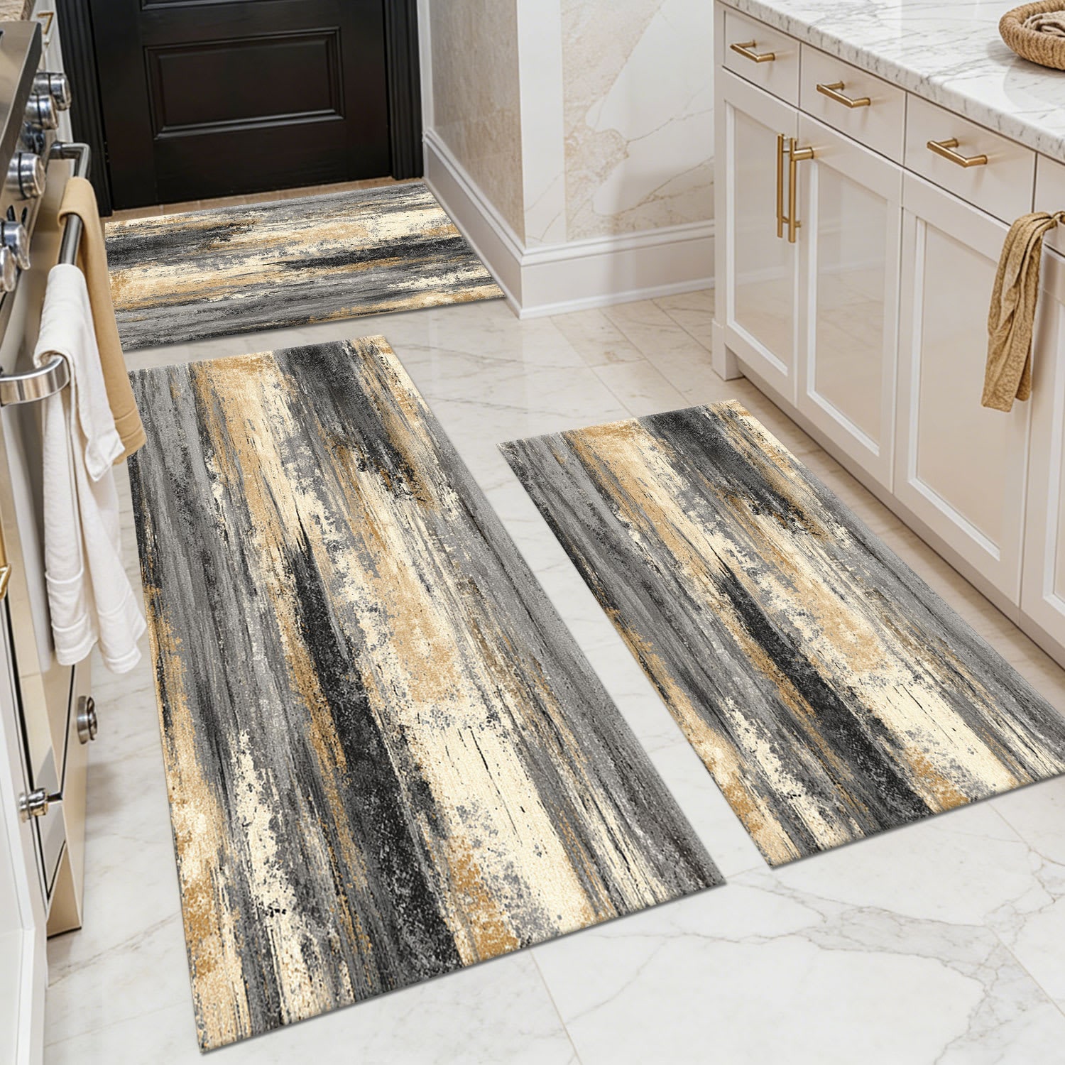 TOBILI  20 X 32in 20 X 47in 20 X 60in Faux Cashmere Gray Beige Rectangular Indoor Abstract Modern Distressed Non Slip Washable Pet Friendly Rug Set of 3 Piece