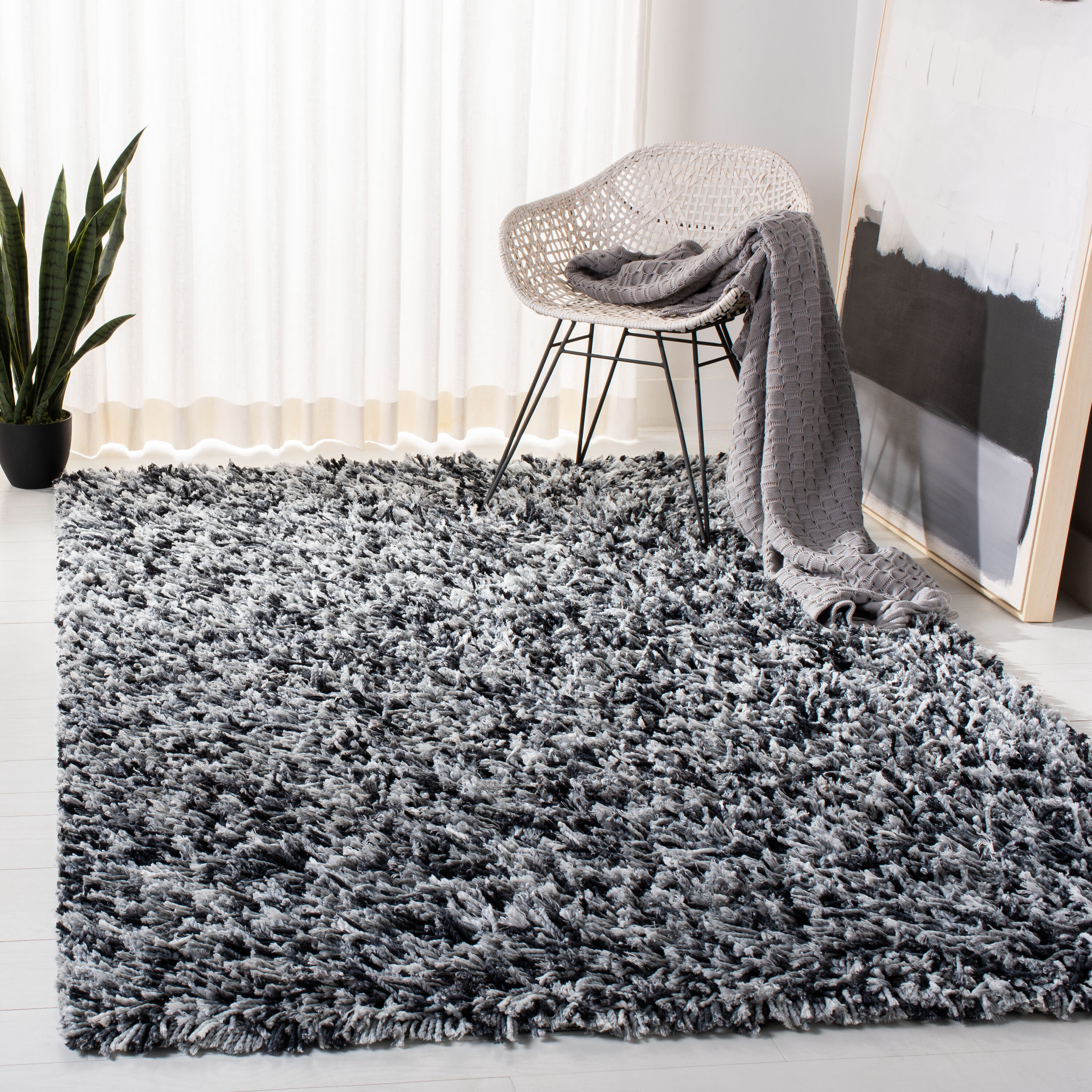 4 x 6 (ft) Loomed Black / Ivory Rectangular Indoor Solid Mid-Century Modern Professionally Clean Only Area rug