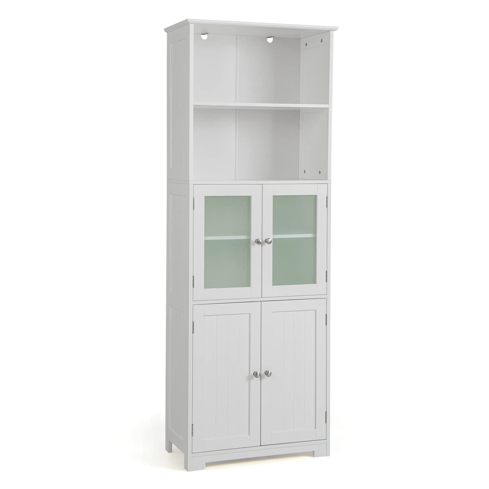 Volenca 6-Tier Freestanding Bathroom Storage Cabinet 64-in H with 2 Open Shelves 2 Glass Doors and Adjustable Inner Shelves