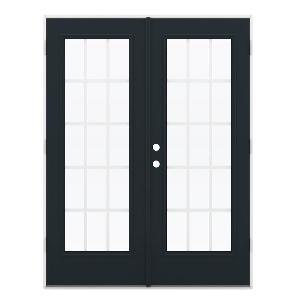 JELD-WEN LOWOLJW235000104 F-3500 60-in x 80-in x 4-9/16-in Jamb Low-E Grilles between the glass , Black Fiberglass Left-hand outswing French Double Patio Door