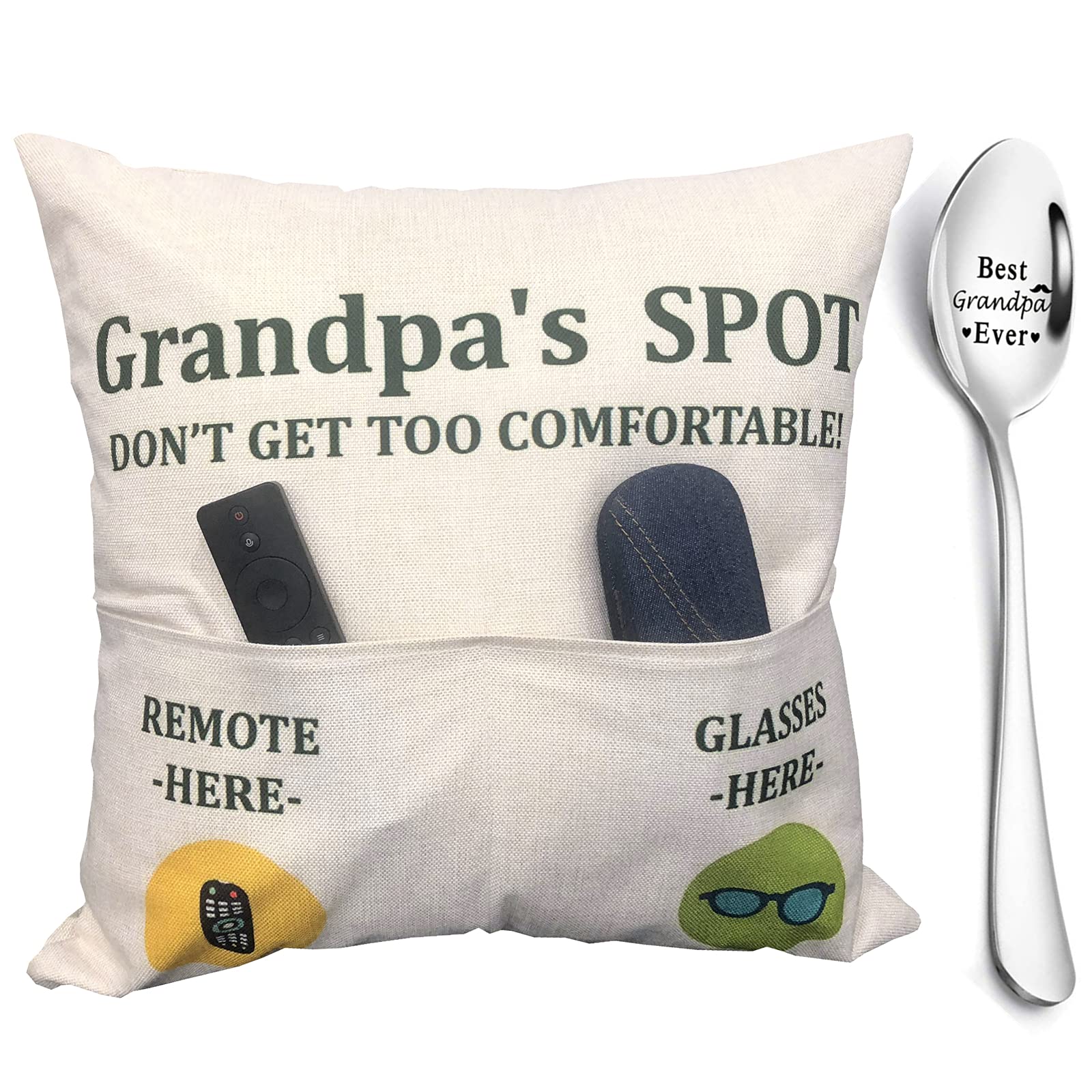 CYIKE  Grandpa Gifts 2 Pocket Linen Pillow Covers 18x18 Inch with Engraved Spoon Fathers Day Birthday Christmas Gifts for Granddad Papa