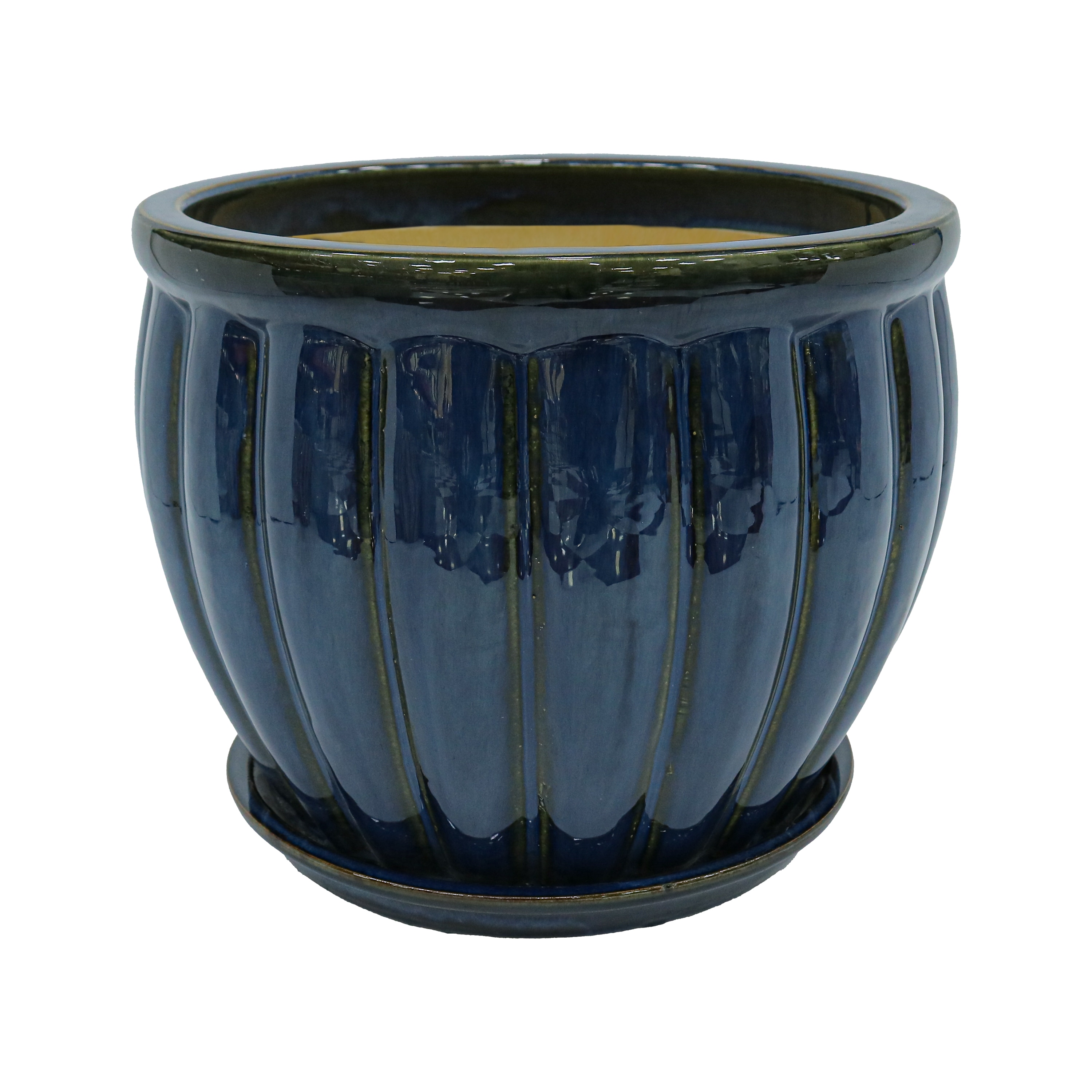allen + roth Round Blue Ceramic Indoor/Outdoor Planter