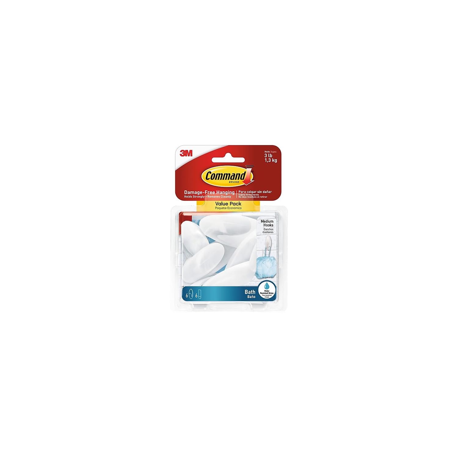 Command  Bath Medium Hook Value Pack Total 12 Medium Hooks with 6 Water Resistant Strips 2-Pack of 6 Hooks Organize Damage-Free