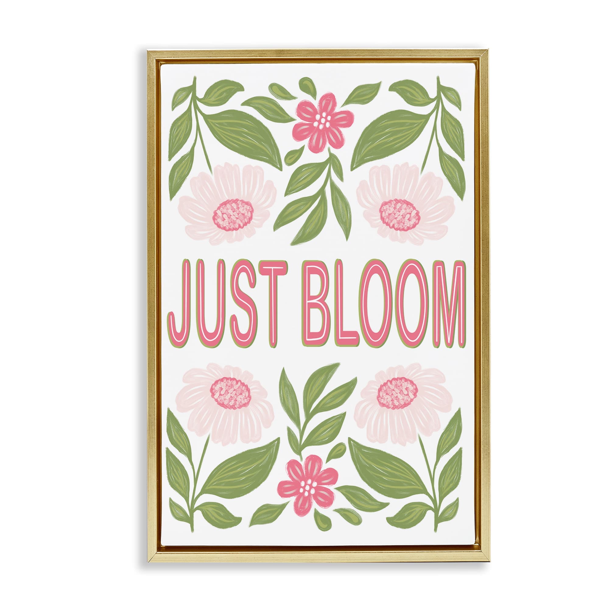 Stupell Industries BY-340-FFG-20X30 Just Bloom Symmetrical Flowers Gold Floating Frame Canvas Art 21 x 31