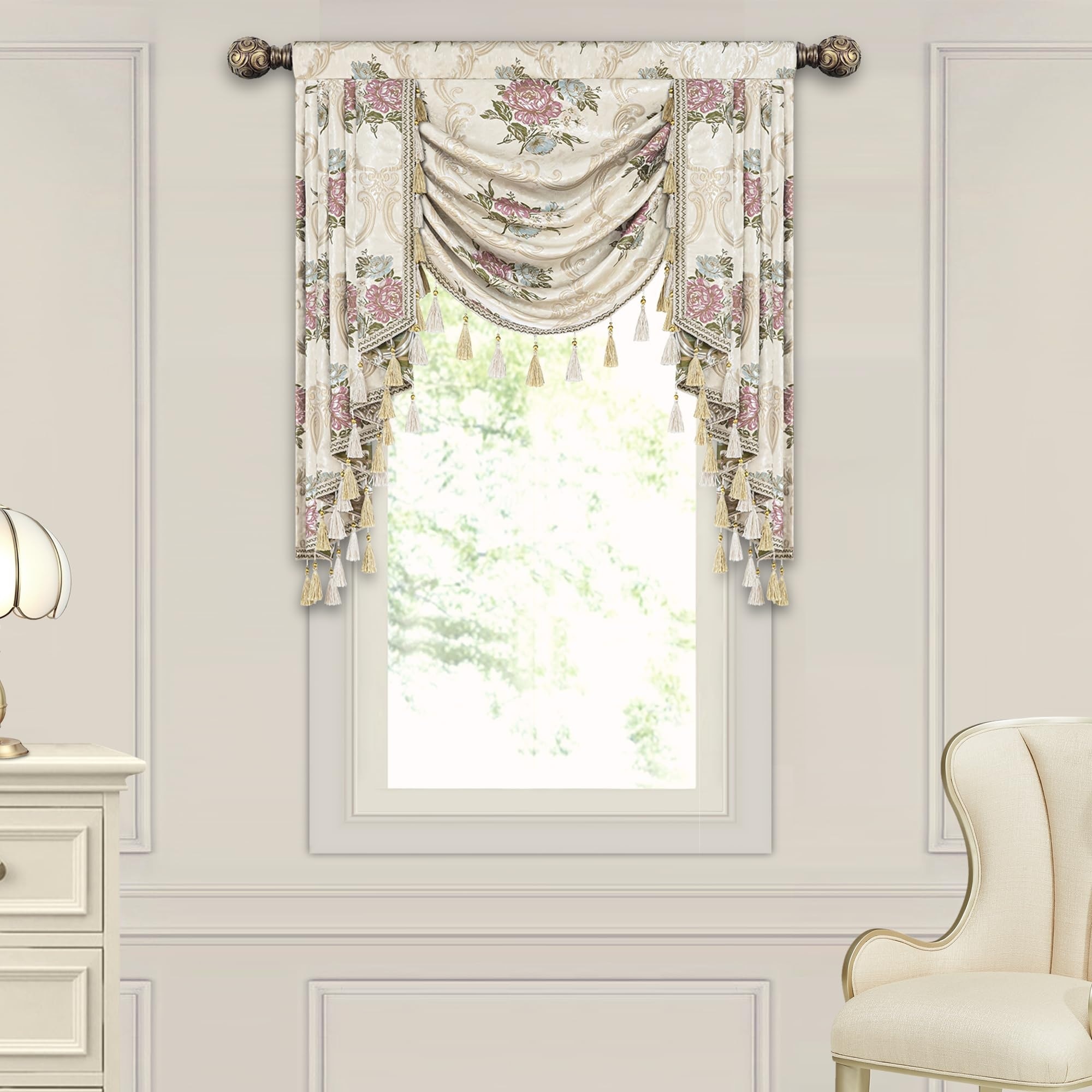 LAIFUCAM  European Waterfall Valance Floral Jacquard Swag Window Valance with Tassels Damask Curtain for Living Room Bedroom 39 Inch 1 Piece