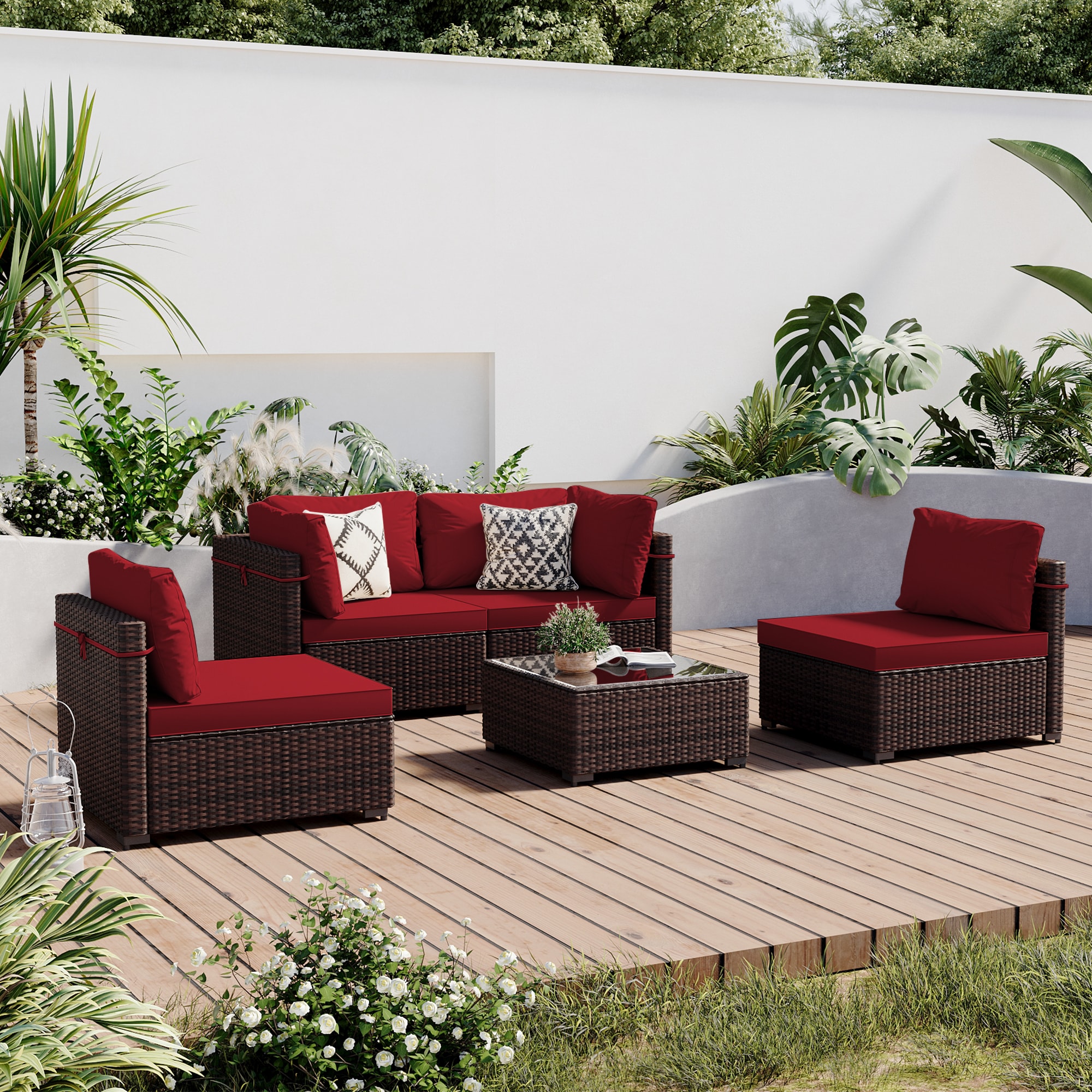 Patio Watcher RT-OD6-B-RED 5 -Piece Rattan Patio Conversation Set with Red Cushions
