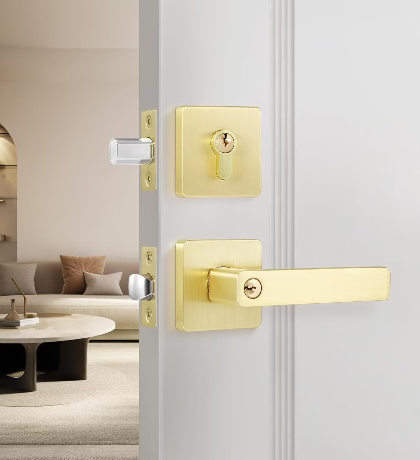 SenQWFa  Gold Door Handleset with Single Cylinder Deadbolt Entry Lever Door Handle and Deadbolt Lock Key Combo Pack Heavy Duty Lock for Left or