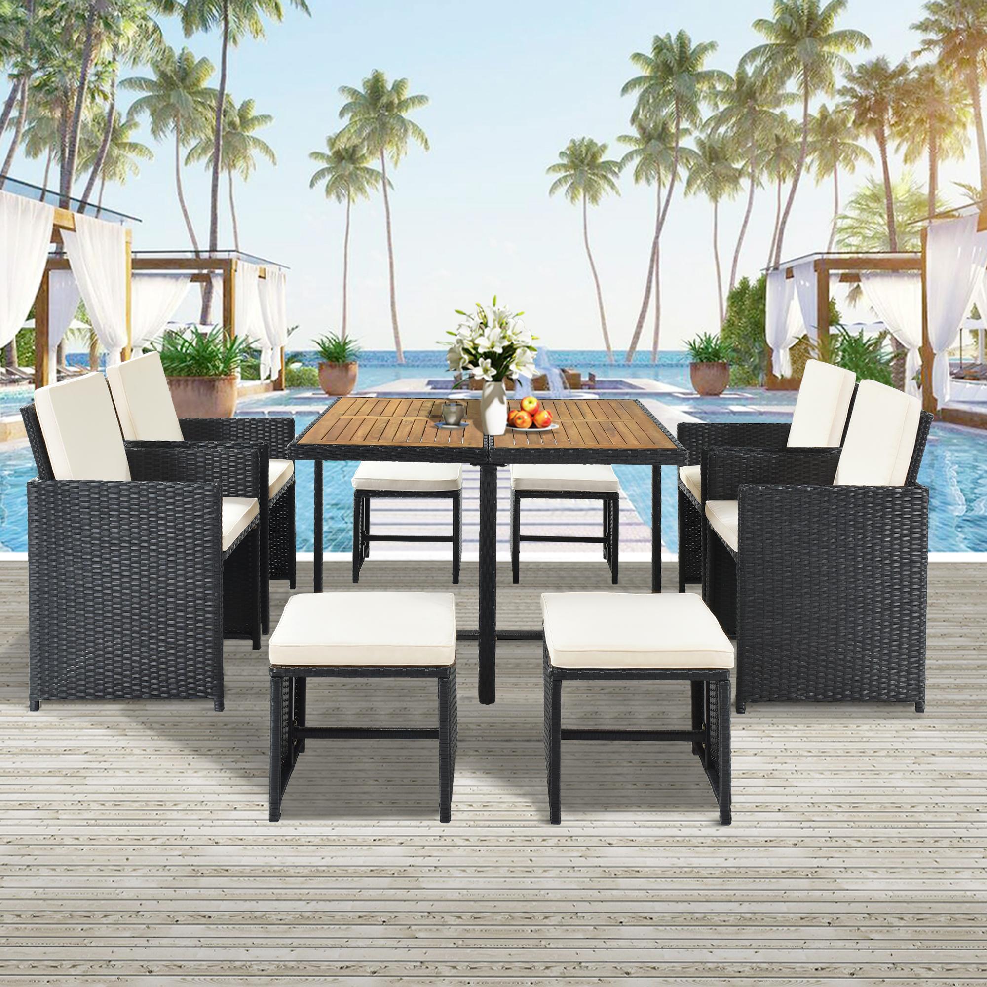 Bayfeve BFTP-247AAA All-Weather High Quality Rattan Dining Set 9 -Piece Black Rattan Patio Dining Set Wicker Square Table with 8 Off-white Cushions Stationary Chairs