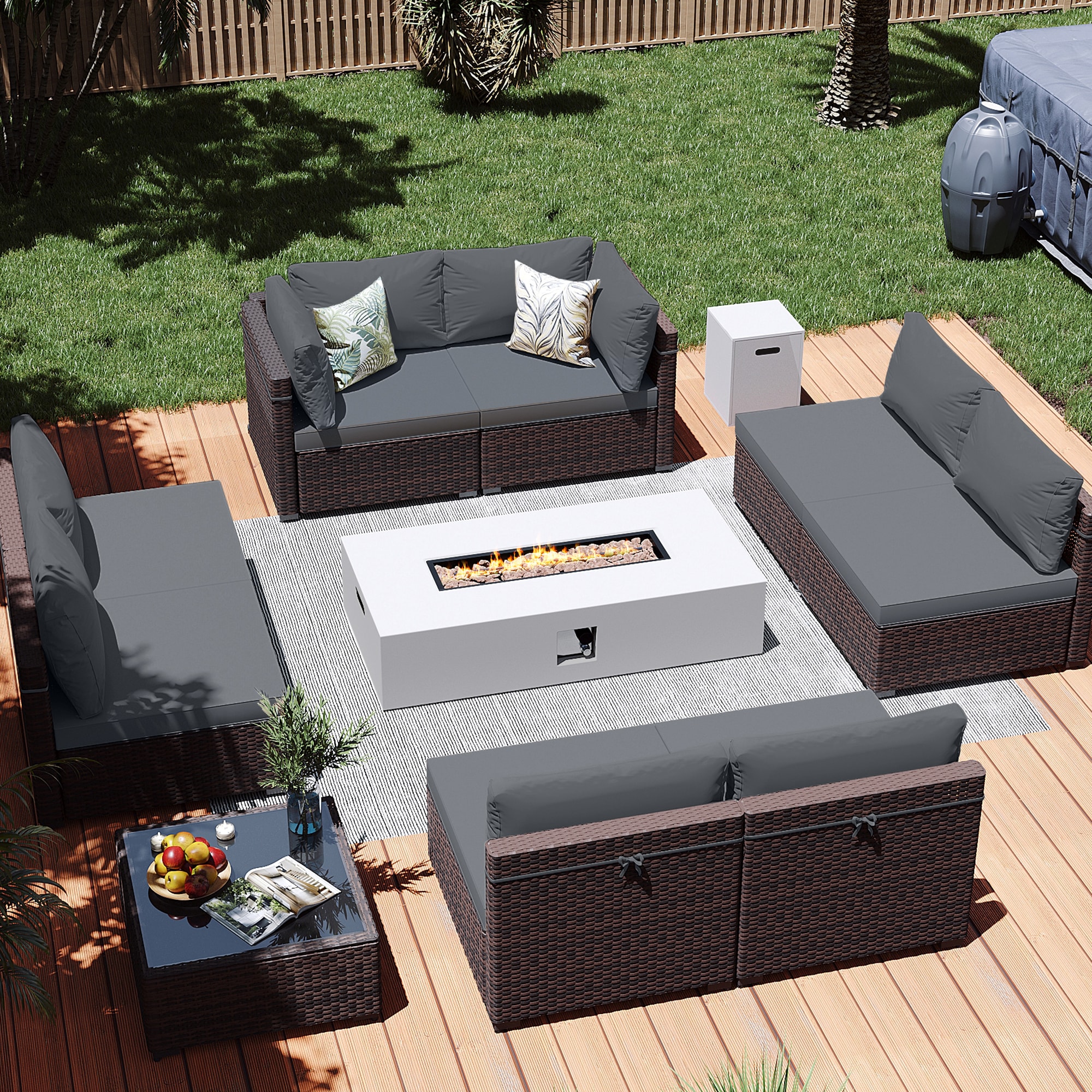 Patio Watcher LS-RT9-KD56WH-B3 10 -Piece Rattan Patio Conversation Set with Gray Cushions