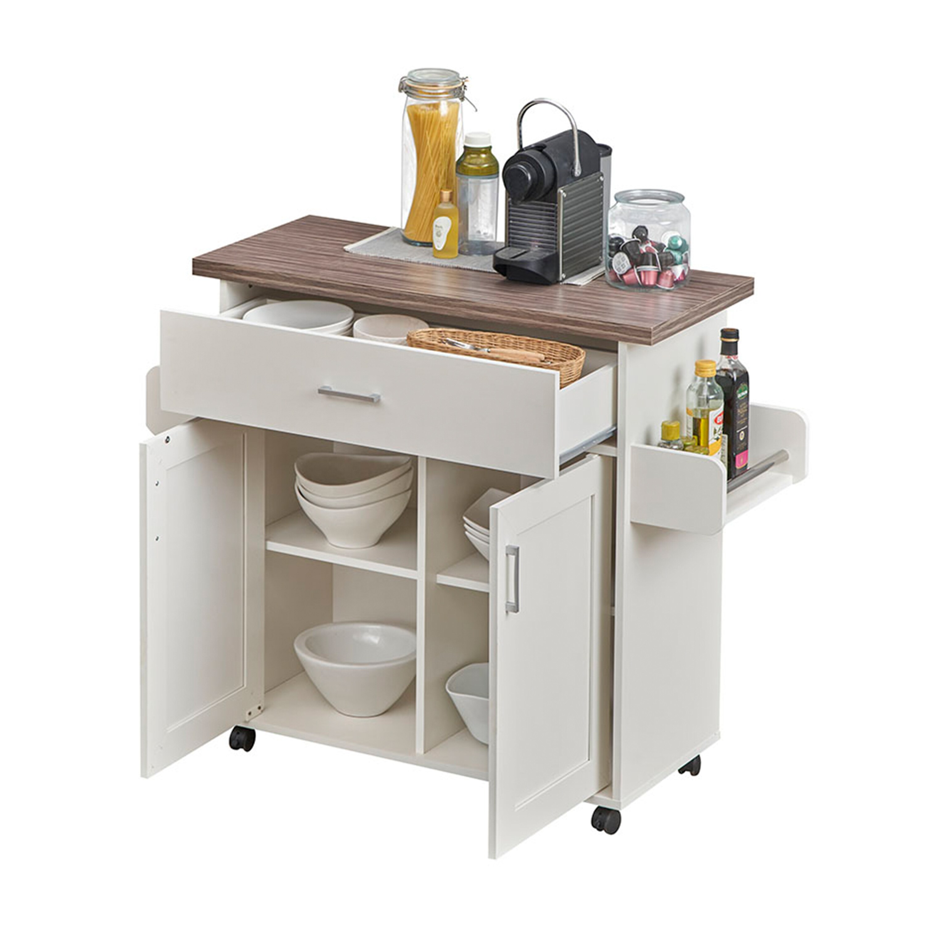 CESICIA White Wood Base with Wood Top Rolling Kitchen Island (15.3-in x 45-in x 35.25-in)
